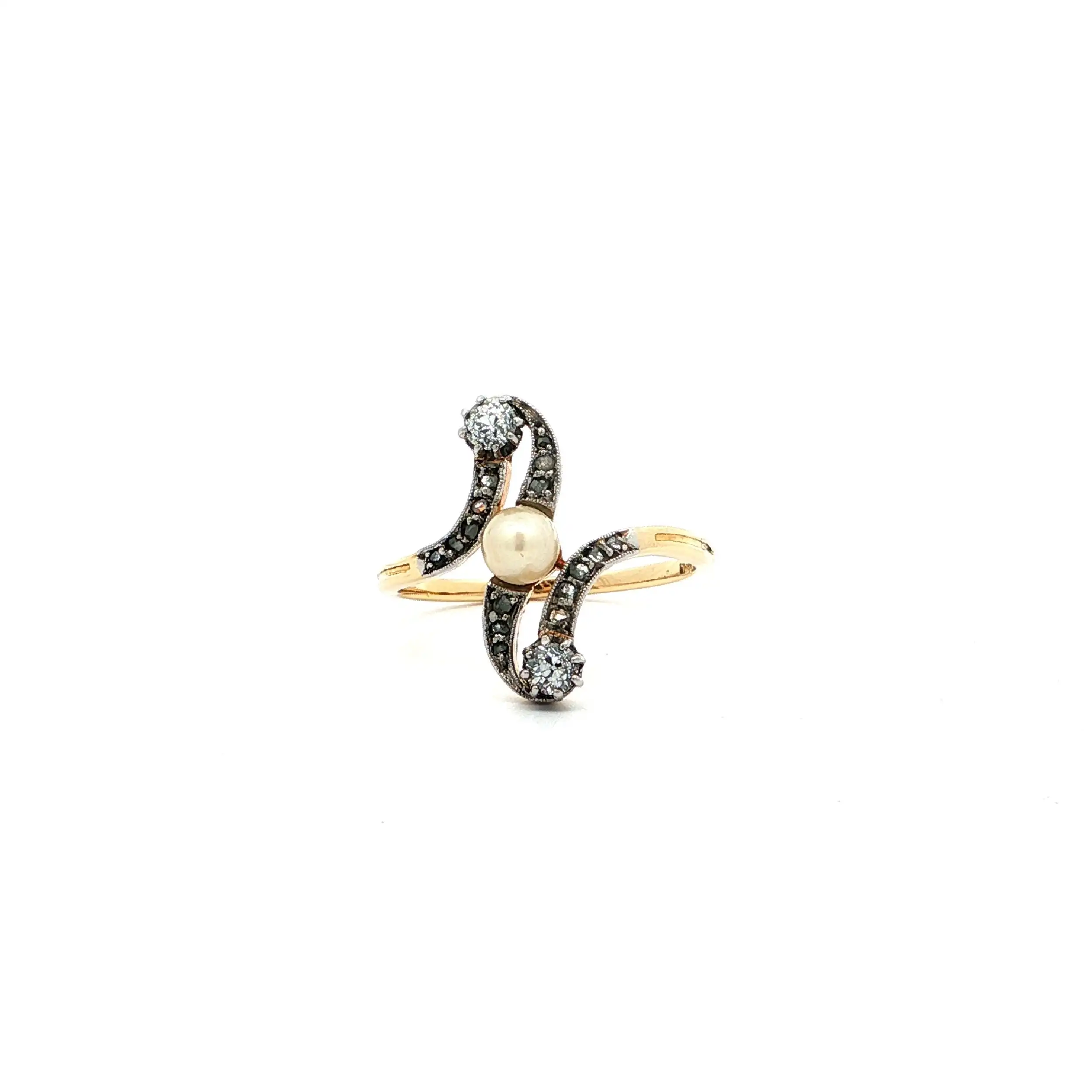 Ring Bicolor Art-Deco mit Perle & Altschliff-Brillanten & Diamantrosen