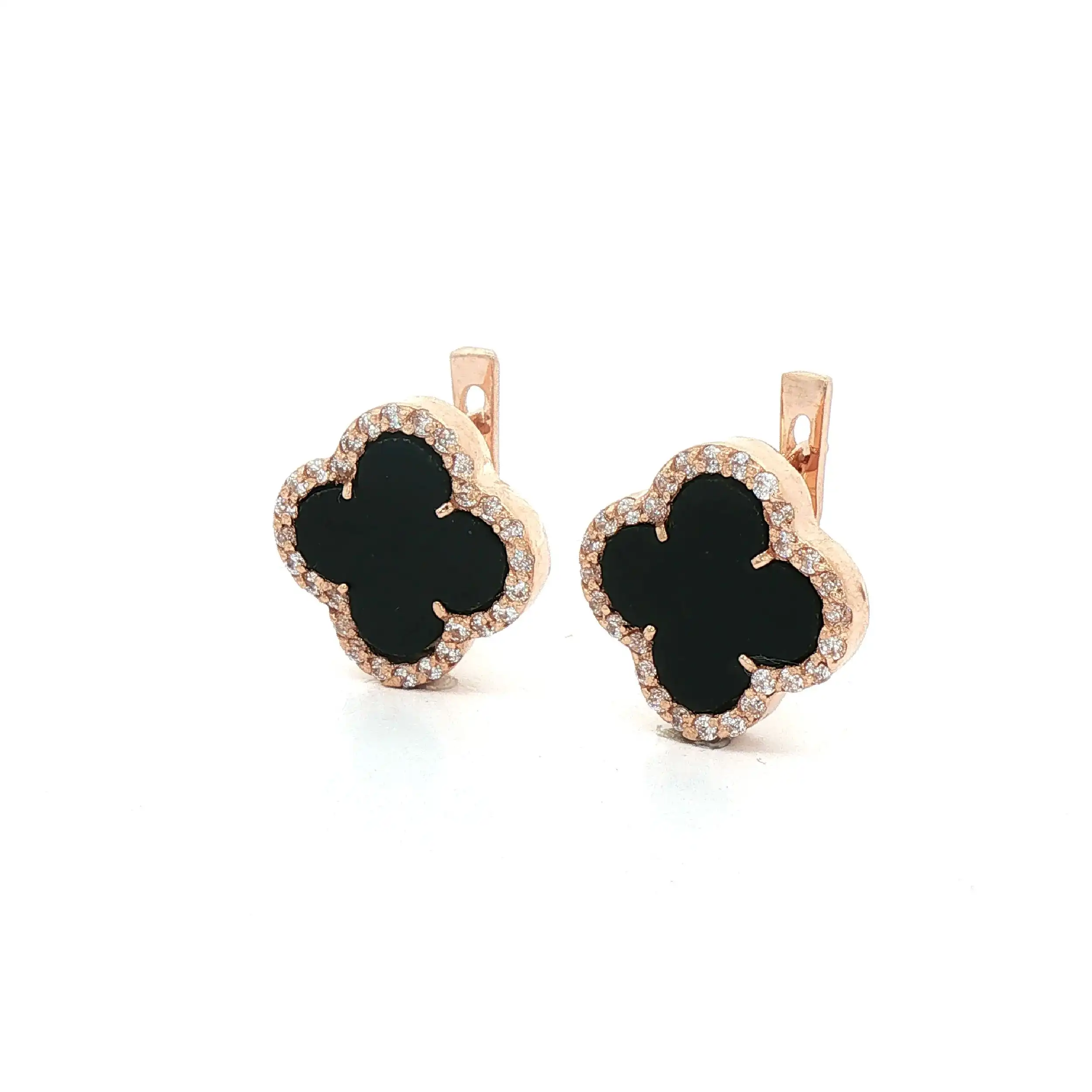 Ohrstecker Rosegold Kleeblatt mit Onyx und Zirkonia