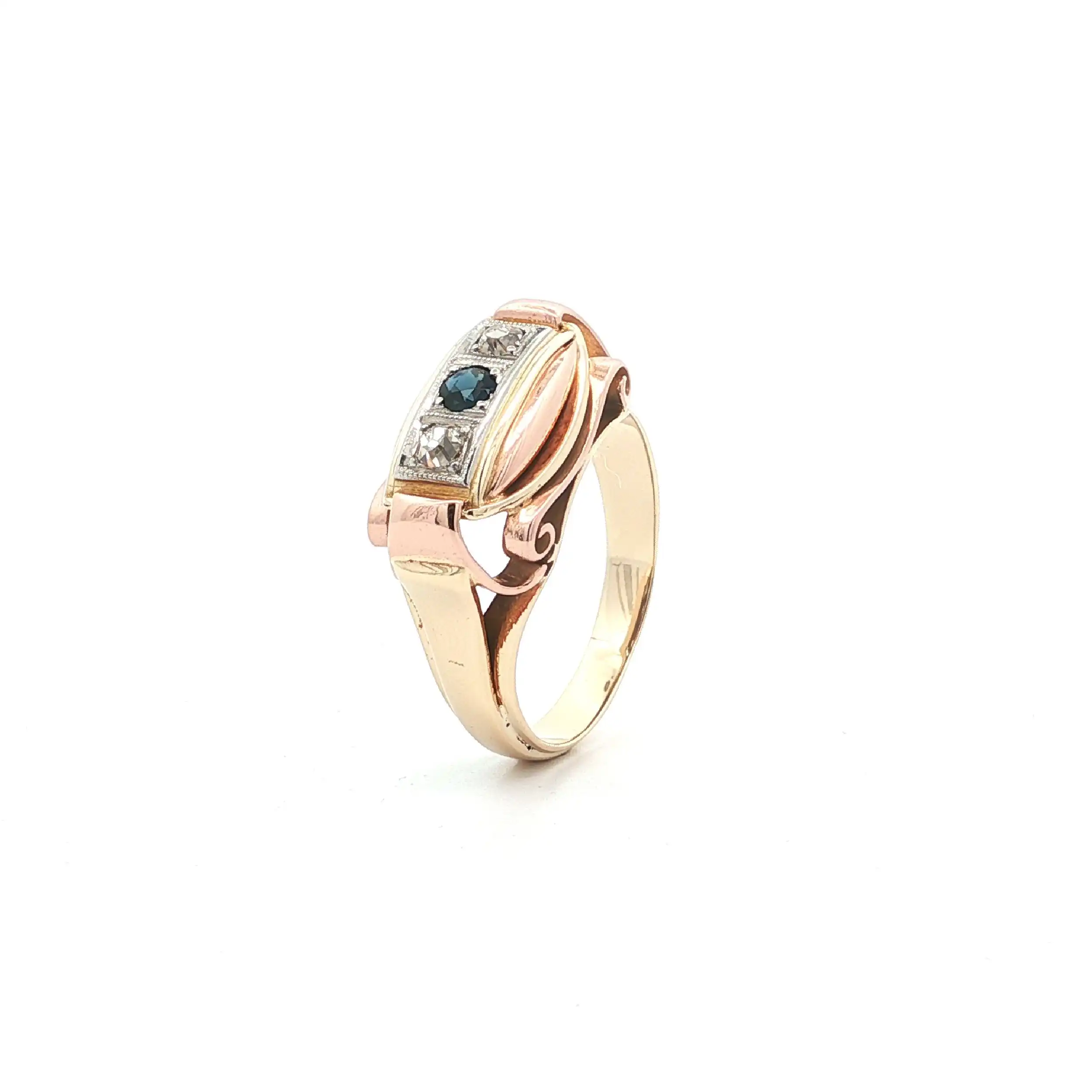 Ring Tricolor mit Saphir & Altschliff-Diamanten