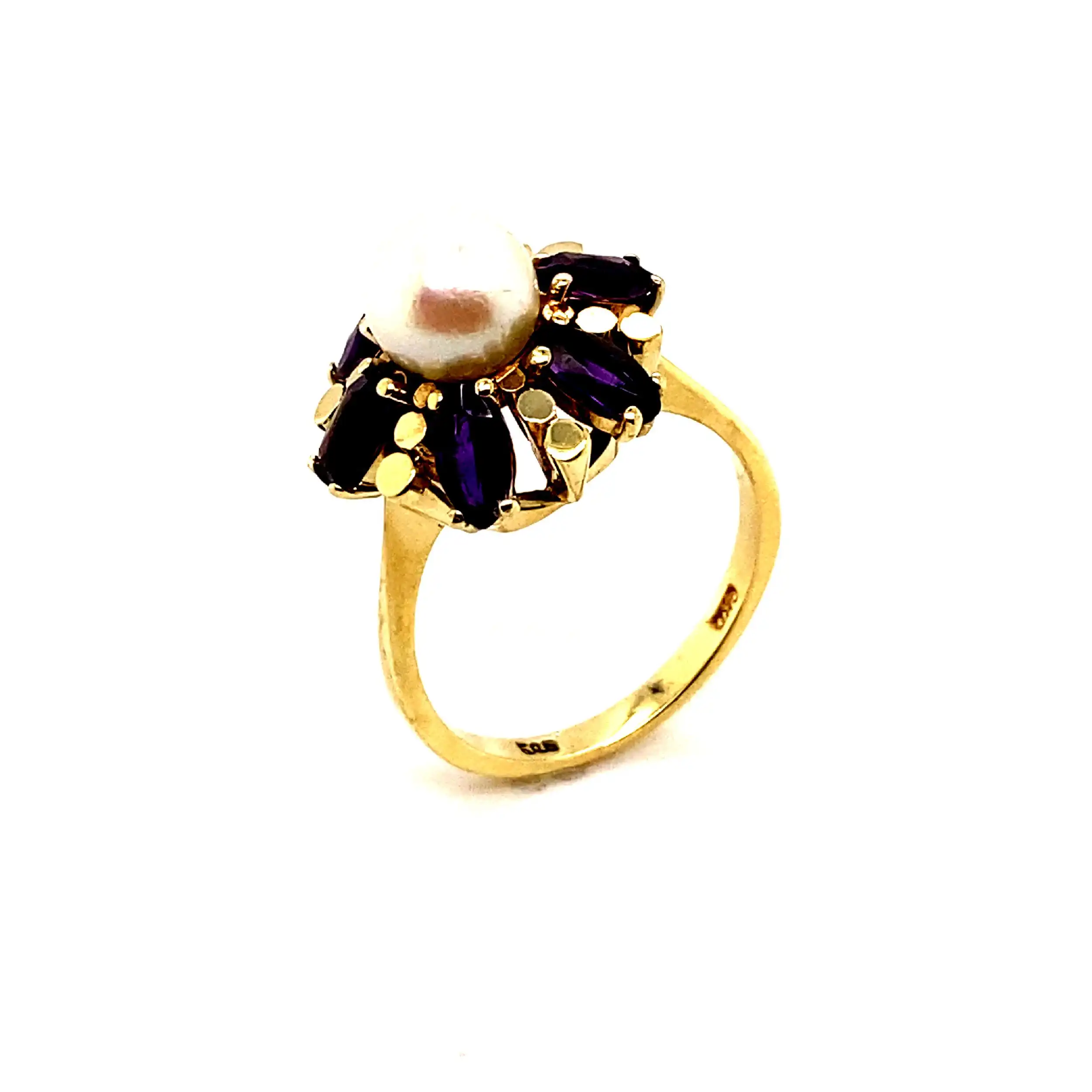 Ring Gelbgold mit Perle und lila Steinen