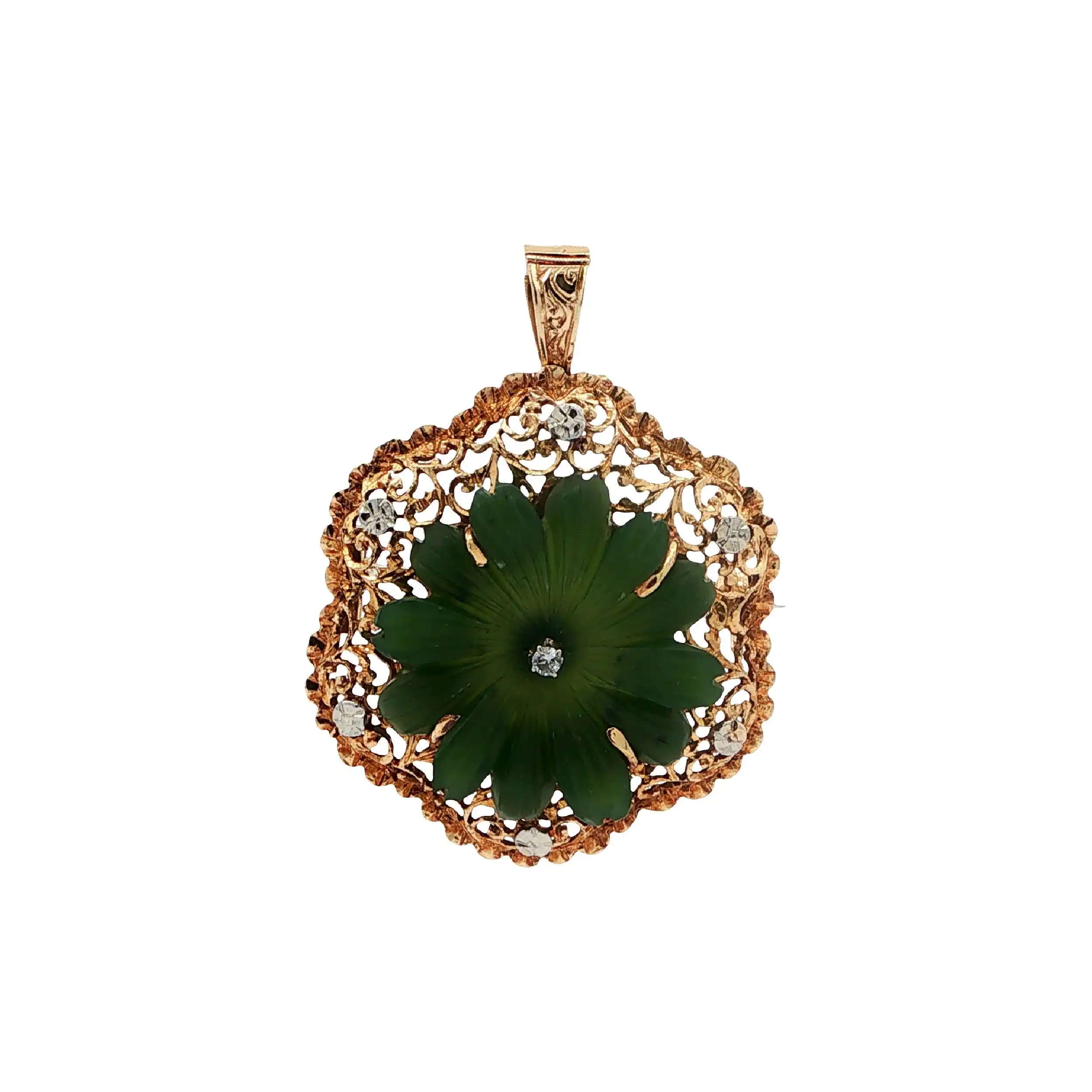 Brosche / Anhänger Bicolor mit Jade Blüte & Diamant