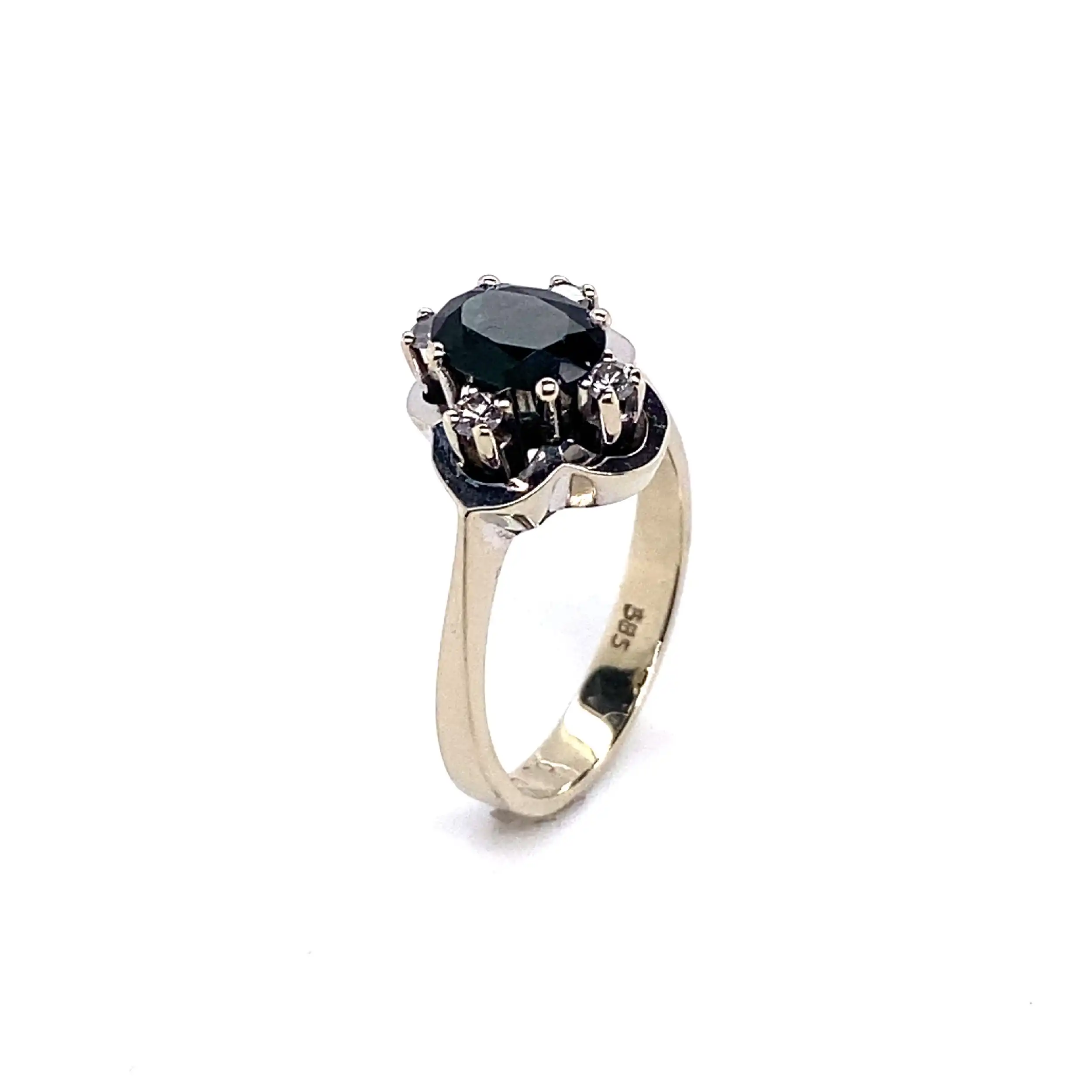 Ring Weißgold mit grünem Stein und Brillanten, graviert mit 0,16ct