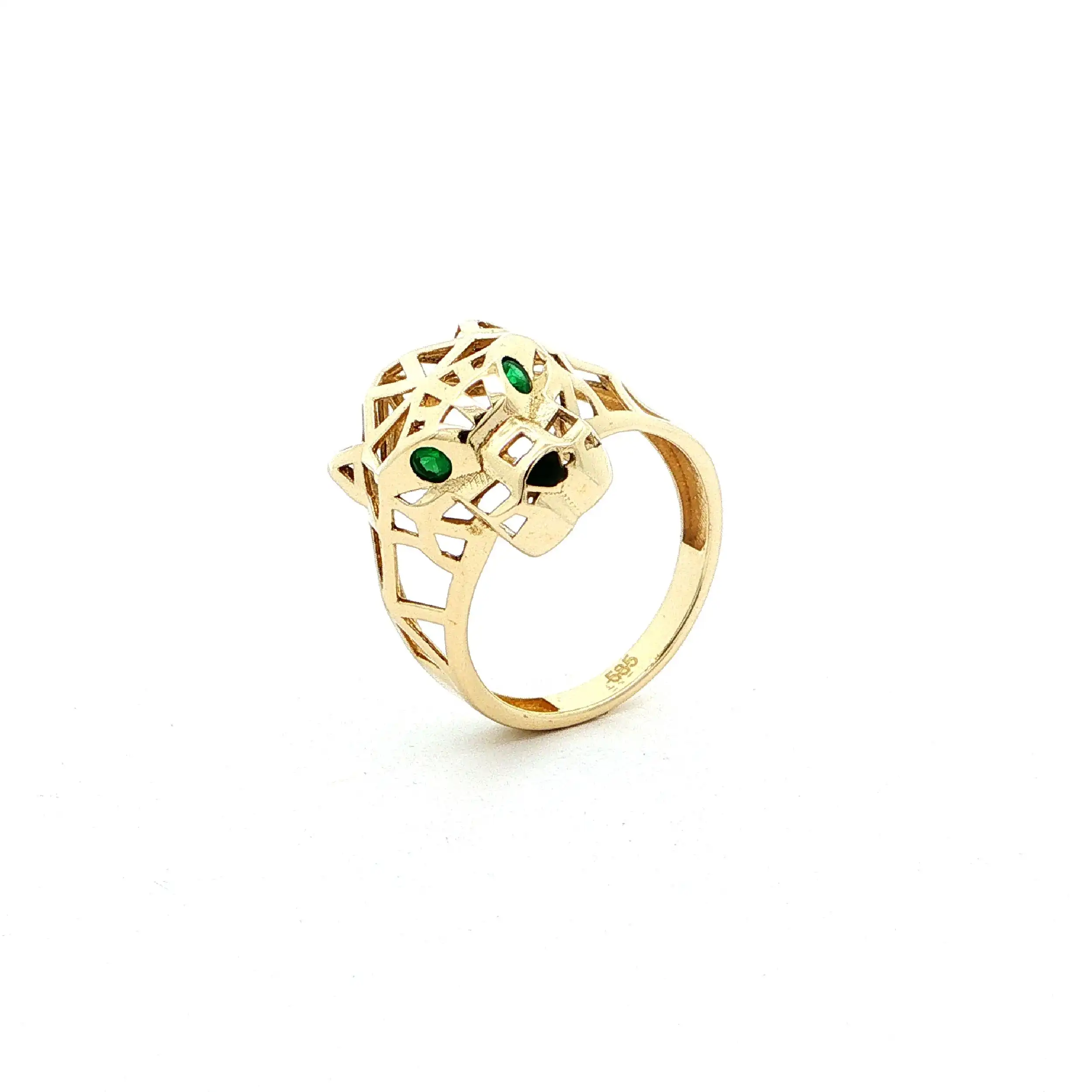 Ring Gelbgold Pantherkopf mit grünen Farbsteinen