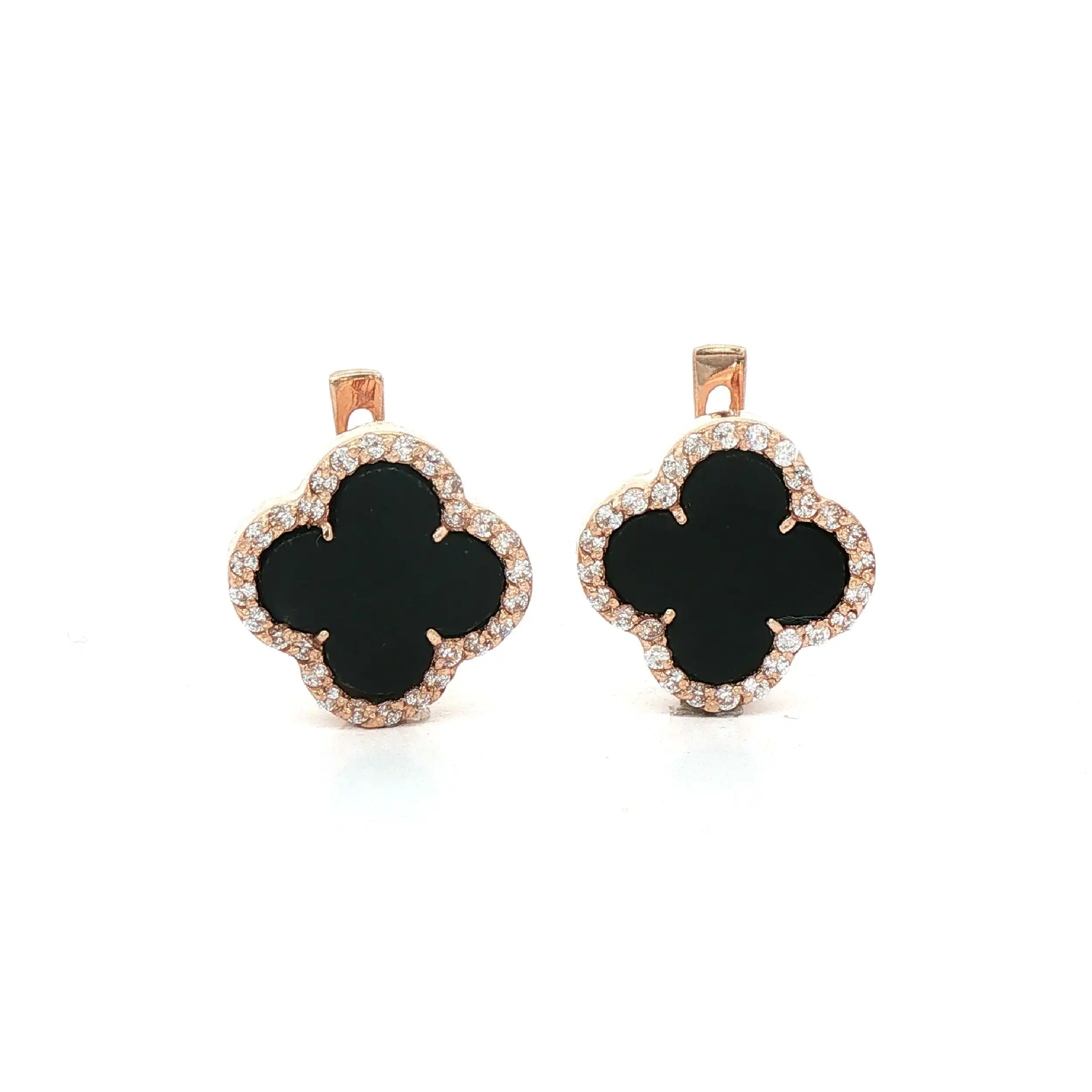 Ohrstecker Rosegold Kleeblatt mit Onyx und Zirkonia