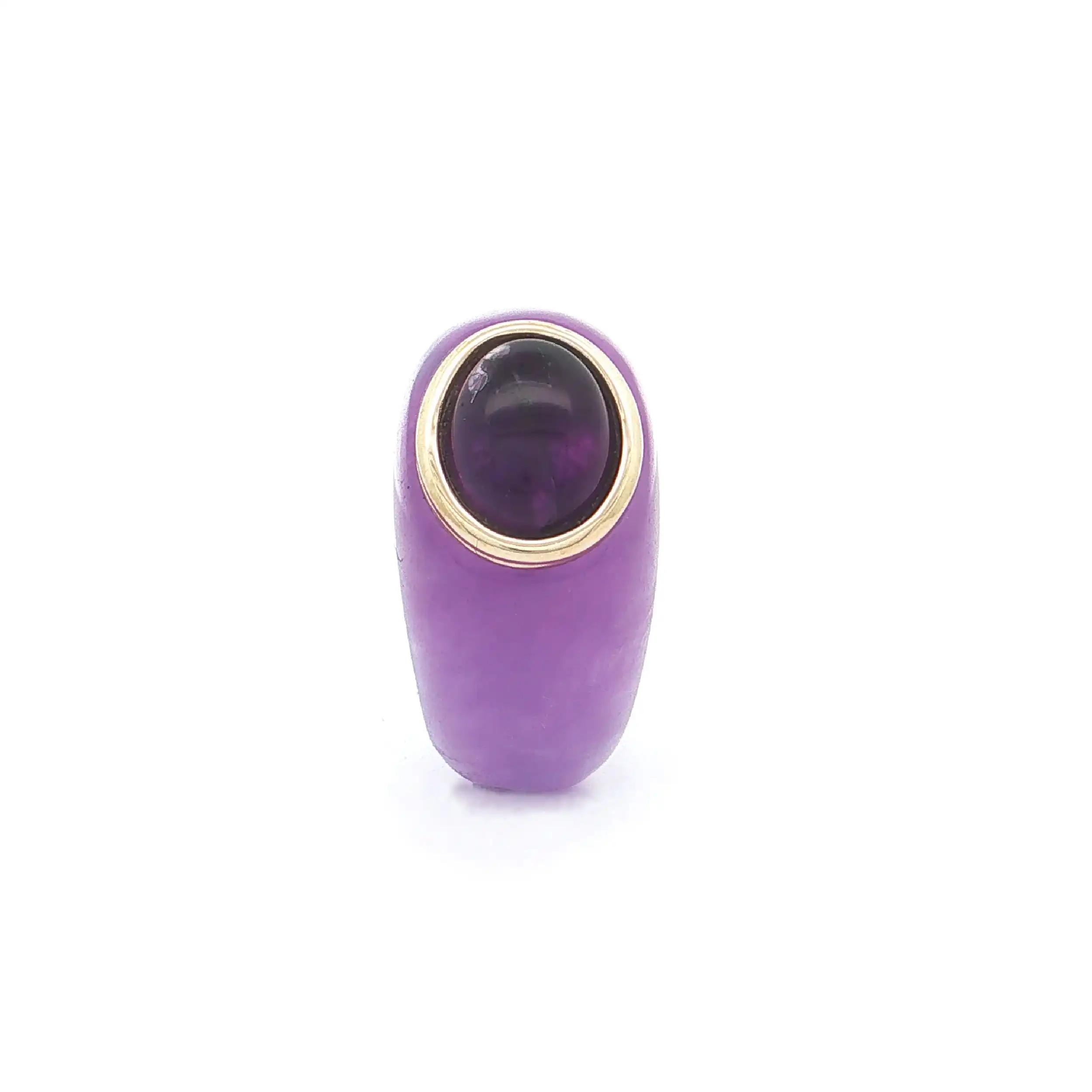 Ring aus lavendelfarbener Jade mit Gelbgold Fassung und Amethyst Cabochon