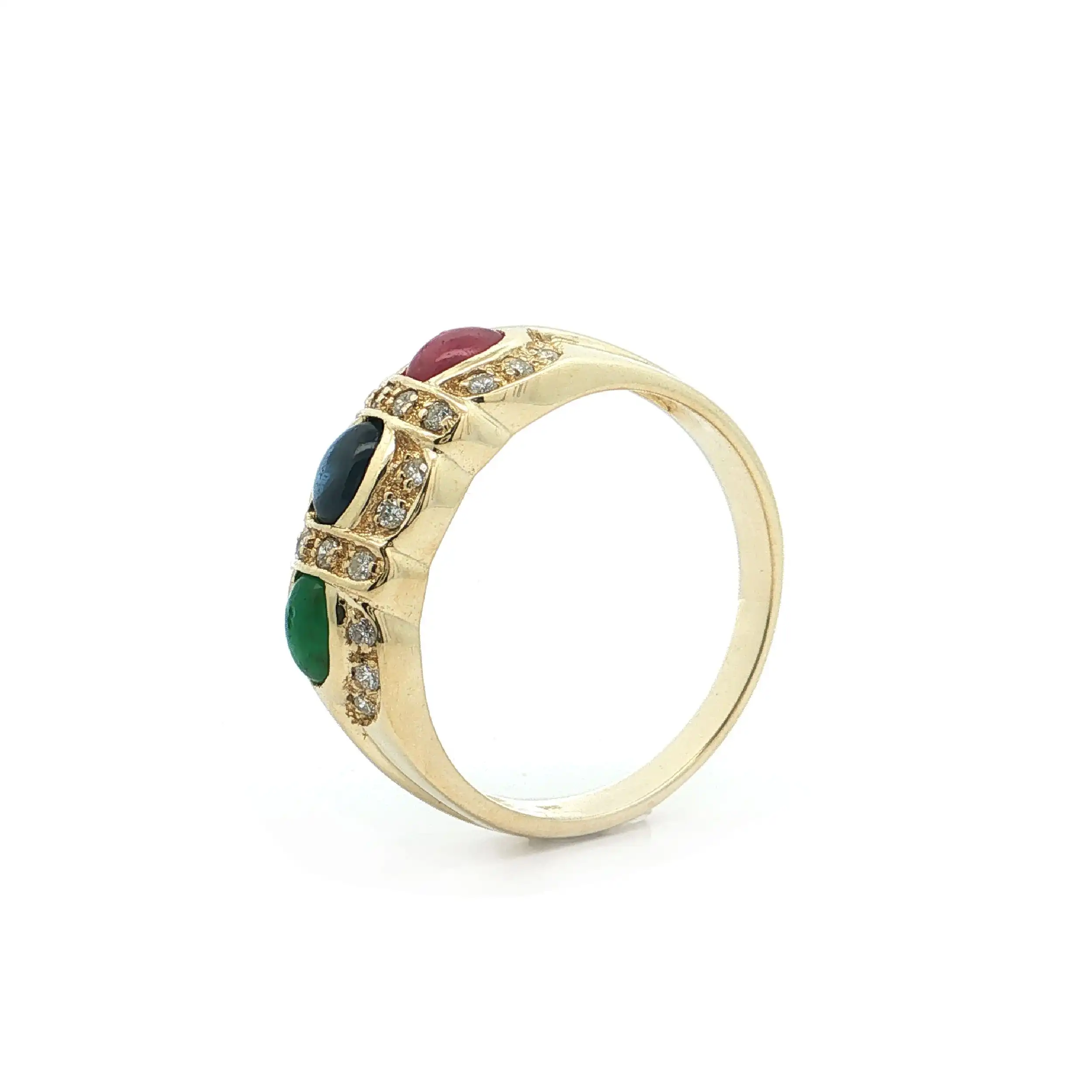 Ring Gelbgold mit Brillanten, Saphir-, Rubin- und Smaragd Cabochon