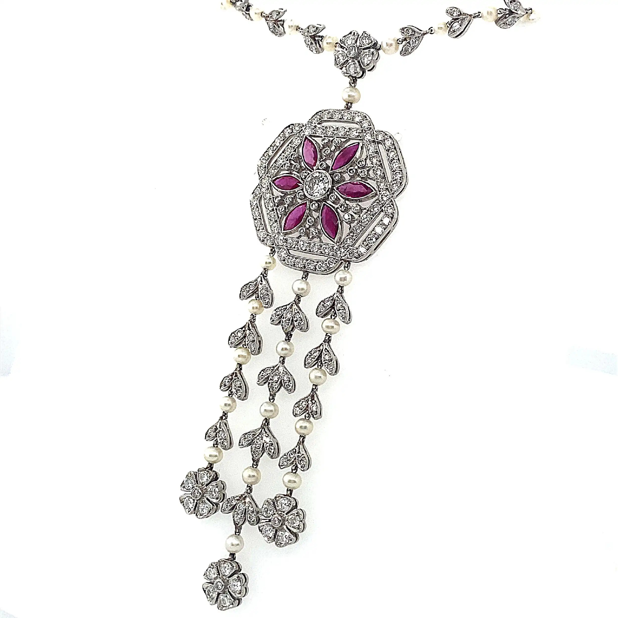 Art Deco Collier Platin mit Brillanten, Rubinen und Saatperlen von ca. 1930-1940, mit Befundbericht von EPL Art Deco Collier Platin mit Brillanten, Rubinen und Saatperlen von ca. 1930-1940, mit Befundbericht von EPL