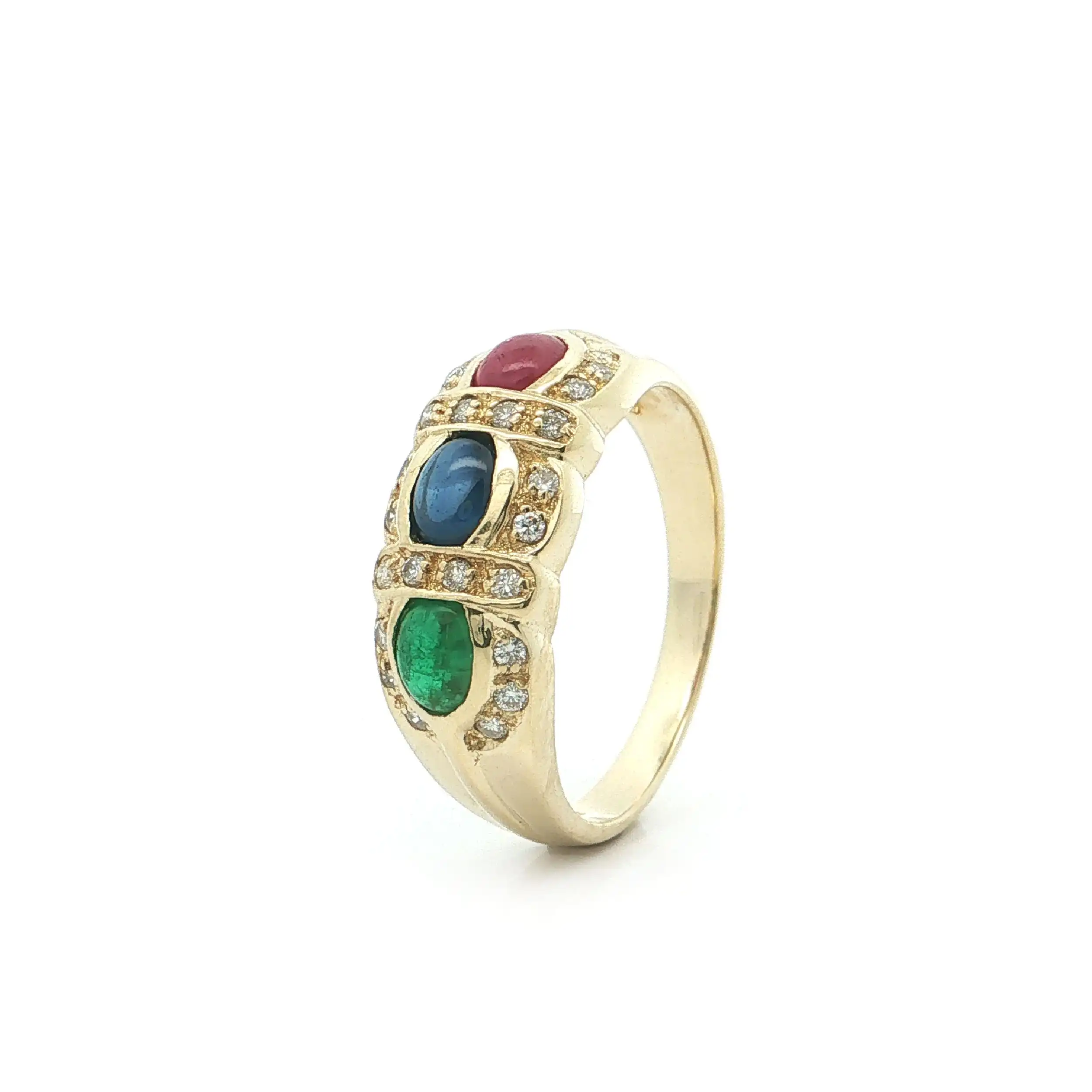 Ring Gelbgold mit Brillanten, Saphir-, Rubin- und Smaragd Cabochon