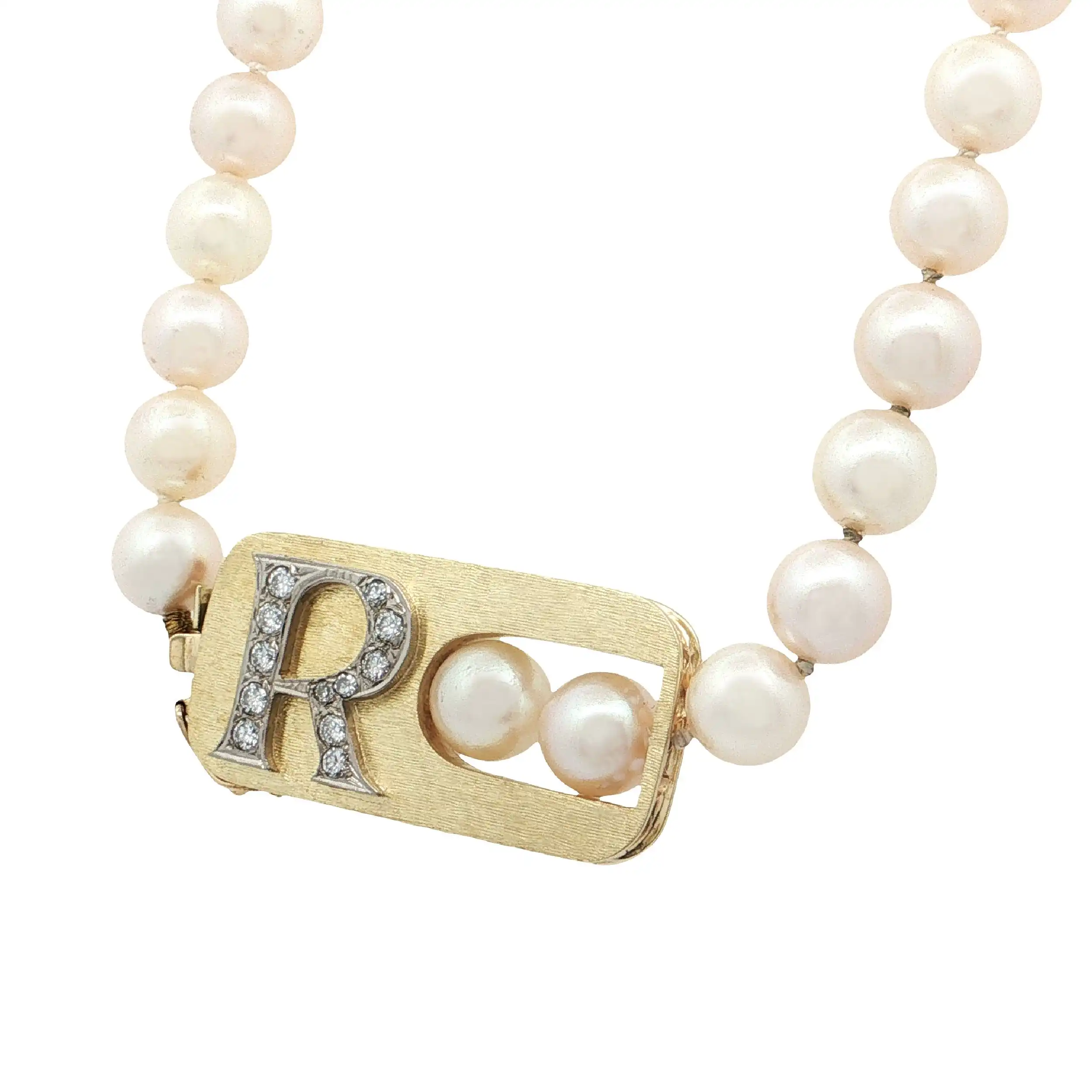 Perlenkette mit Bicolor Verschluss mit Brillanten "R" Perlenkette mit Bicolor Verschluss mit Brillanten "R"