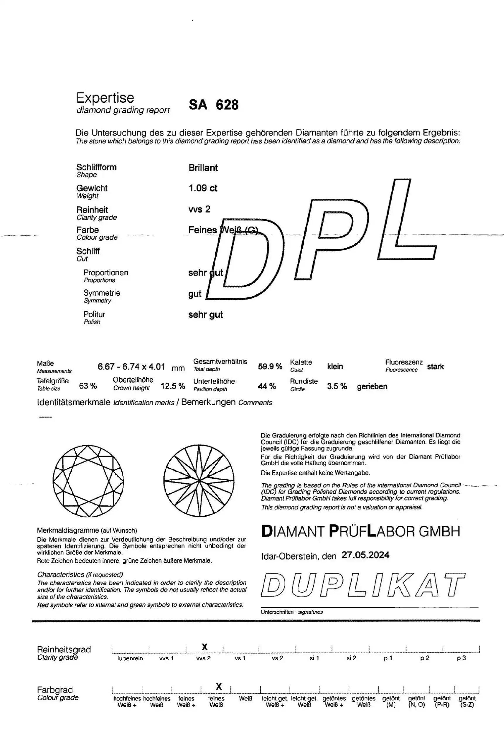 Loser Brillant 1,09ct mit DPL Expertise Loser Brillant 1,09ct mit DPL Expertise