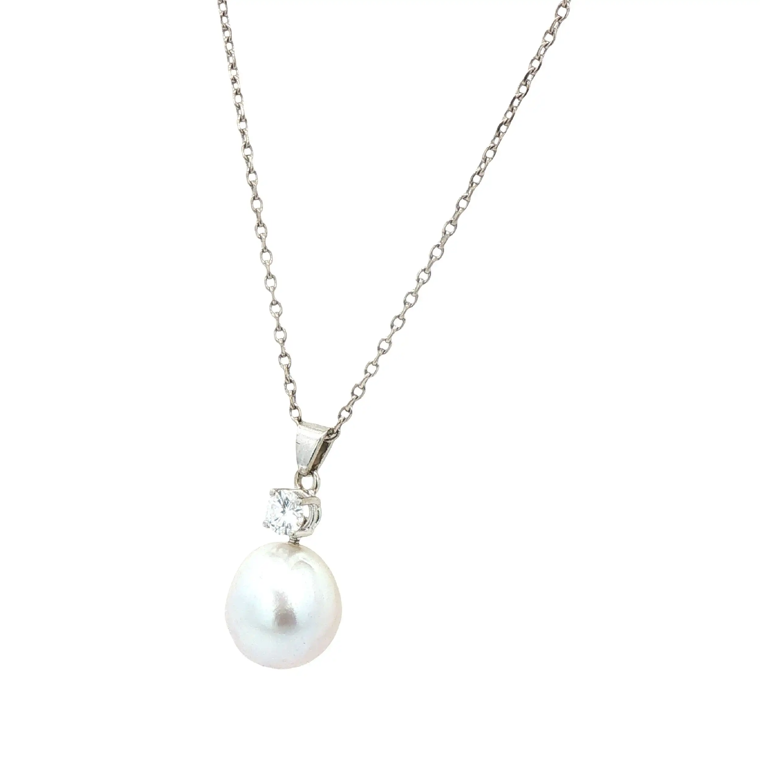 Collier Weißgold mit festen Anhänger Perle und Brillant