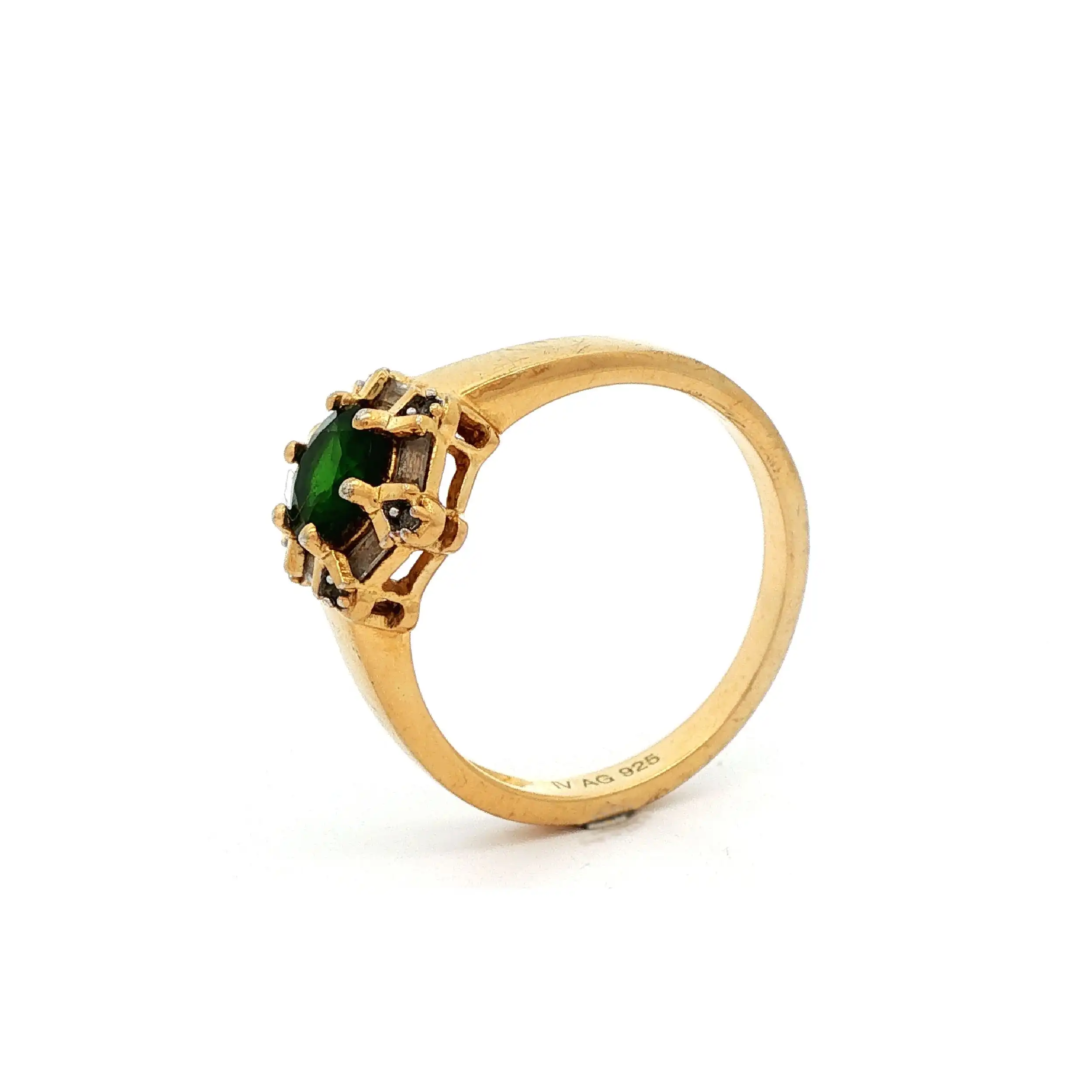 Ring Silber vergoldet mit Zirkonia und grünem Farbstein