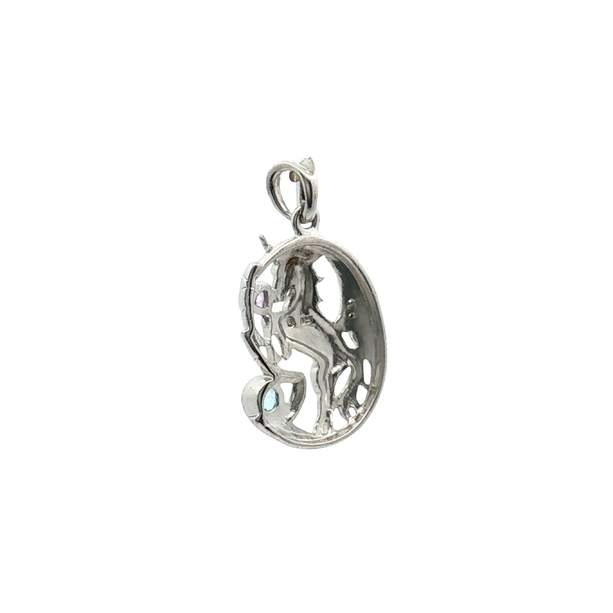 Anhänger Silber Pferd mit blauem und lila Stein