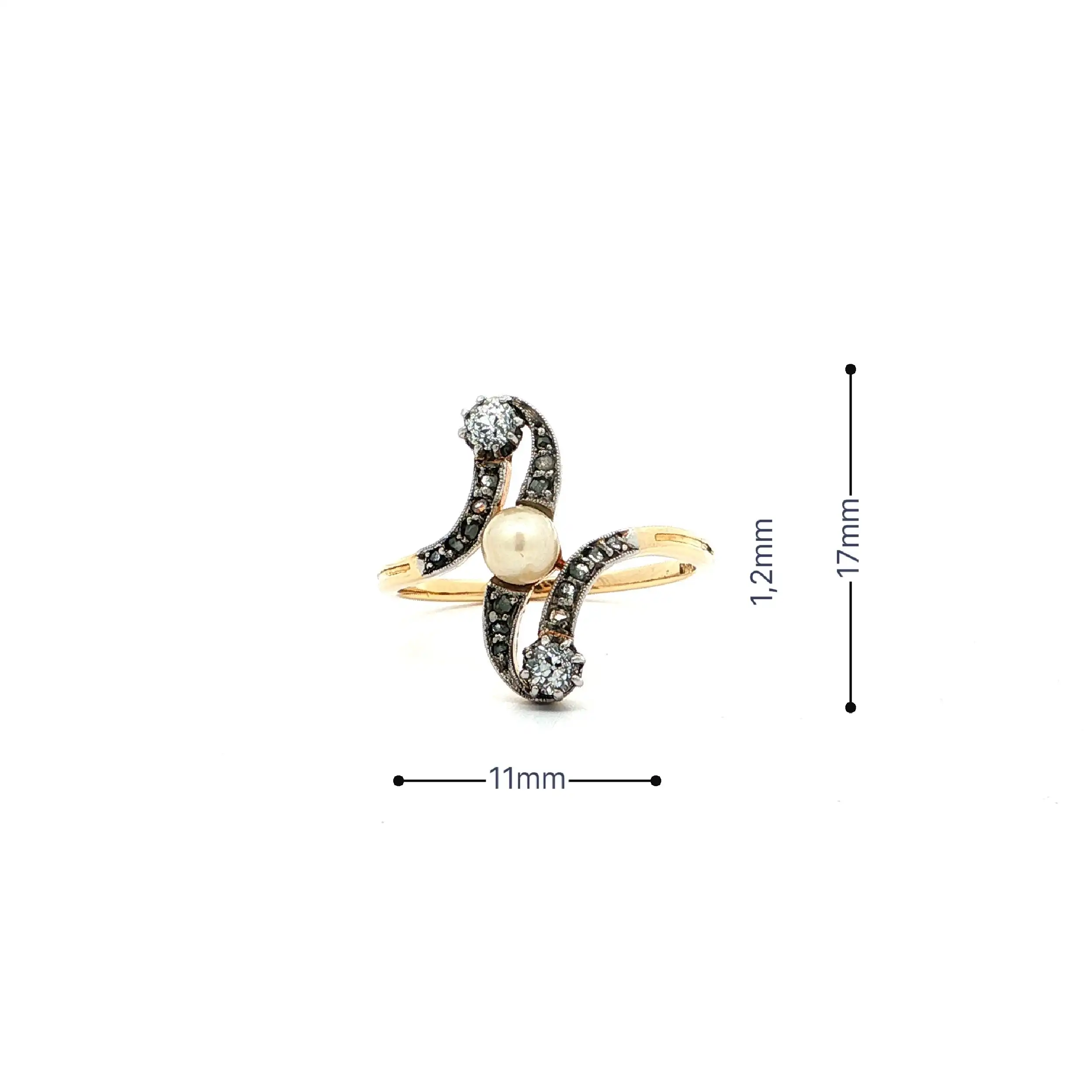 Ring Bicolor Art-Deco mit Perle & Altschliff-Brillanten & Diamantrosen