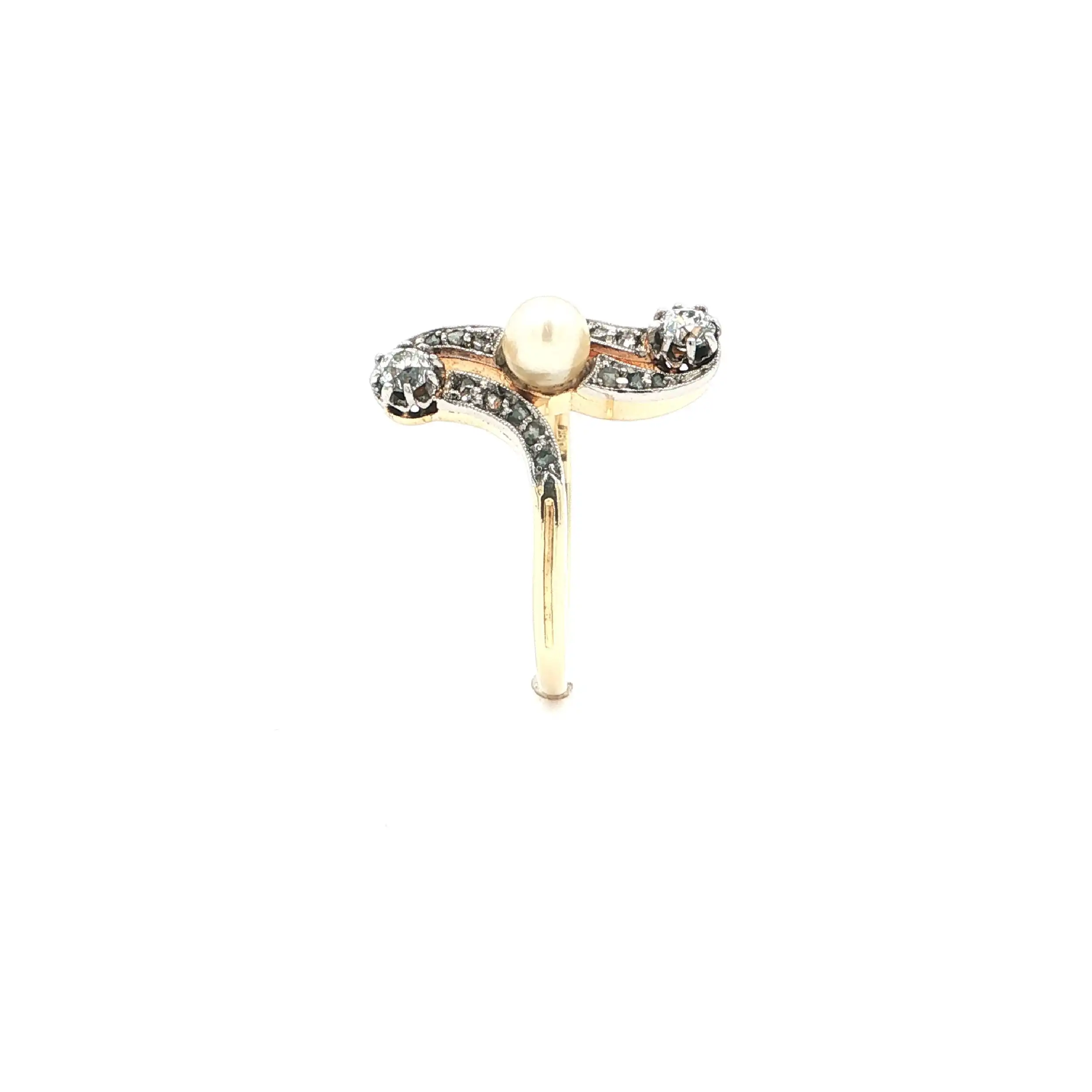 Ring Bicolor Art-Deco mit Perle & Altschliff-Brillanten & Diamantrosen