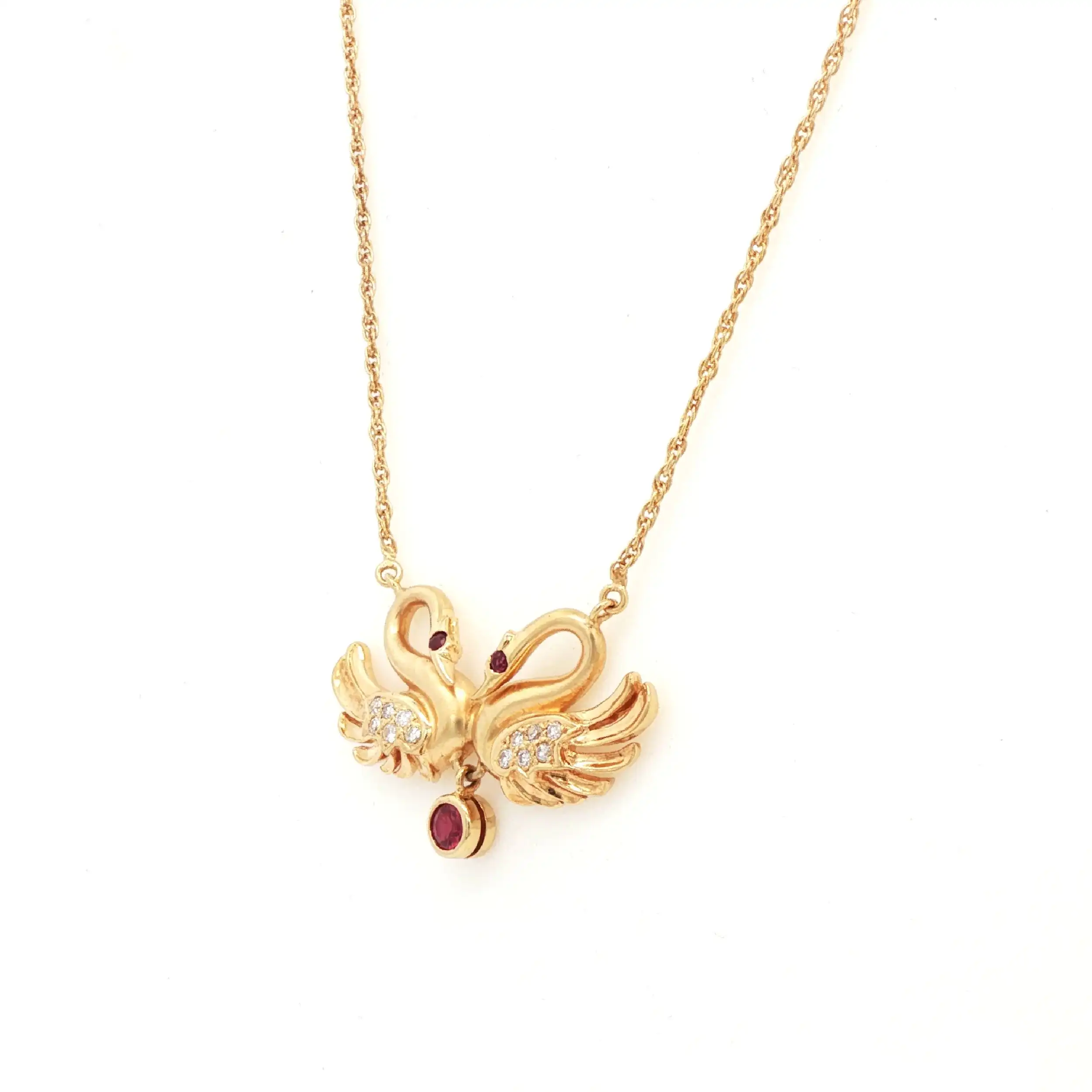 Collier Gelbgold Schwan mit roten Farbsteinen und Brillanten