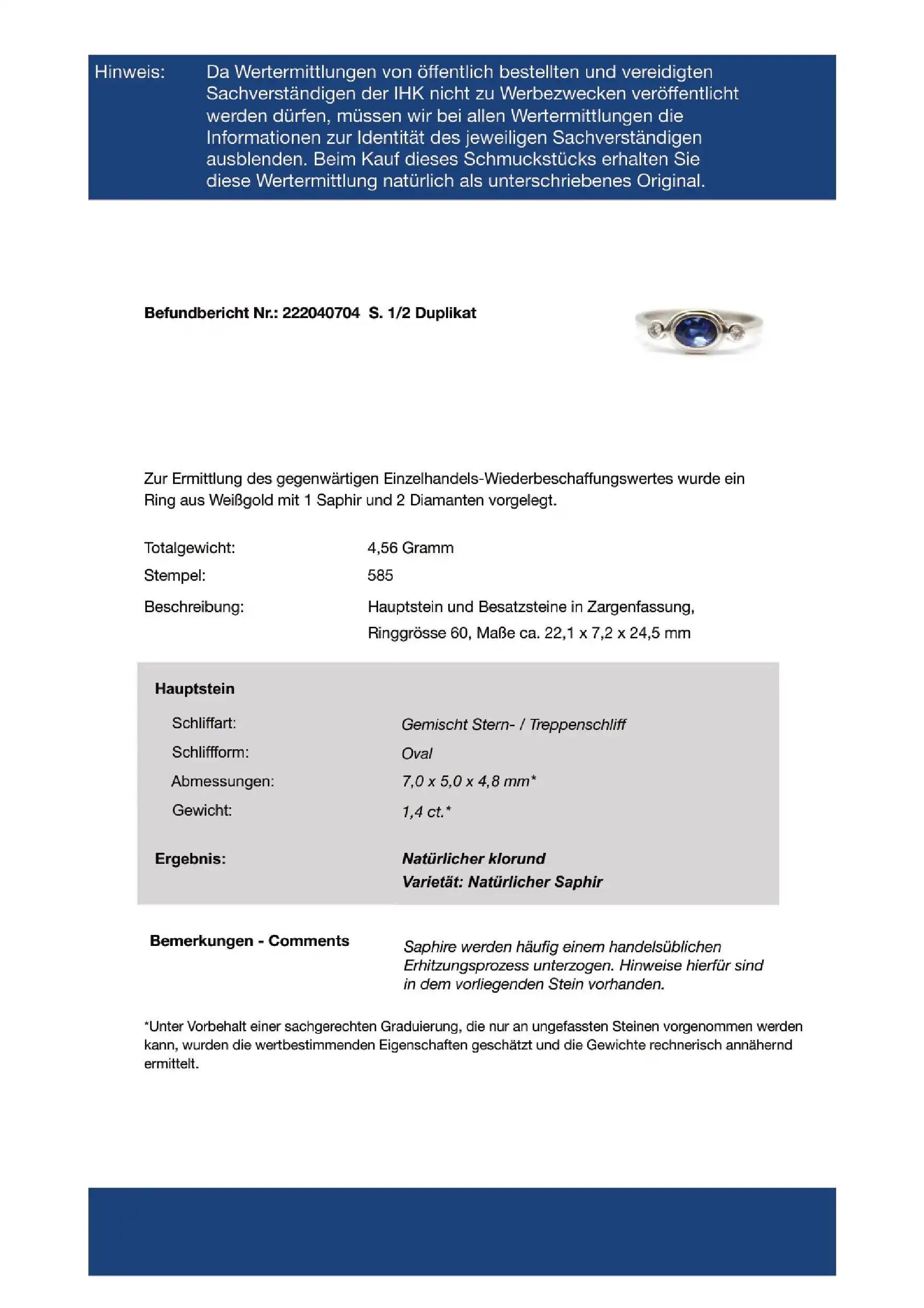 Ring Weißgold mit Saphir und Brillanten, mit Expertise von EPL