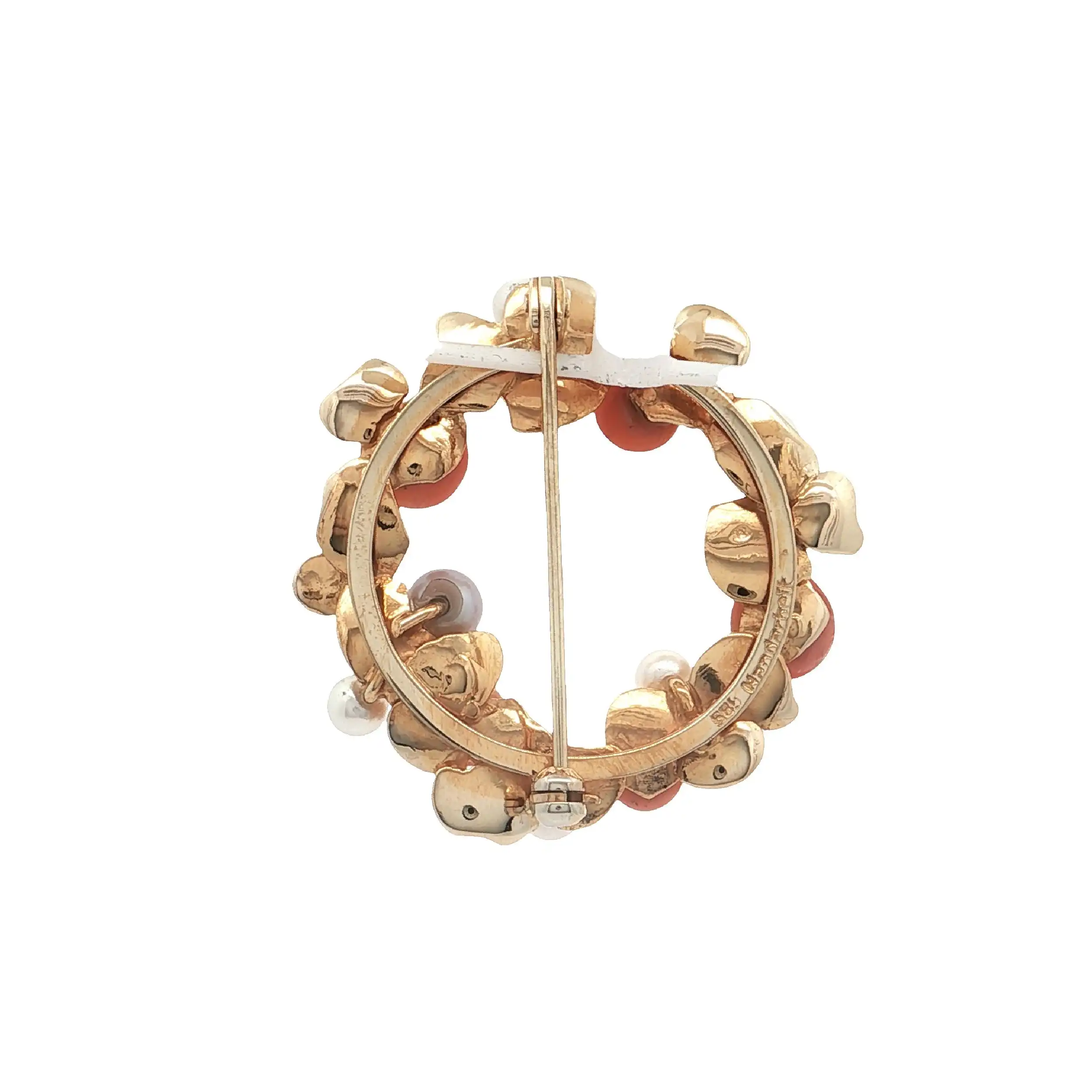 Brosche Gelbgold mit Koralle und Perle, Handgearbeitet Brosche Gelbgold mit Koralle und Perle, Handgearbeitet