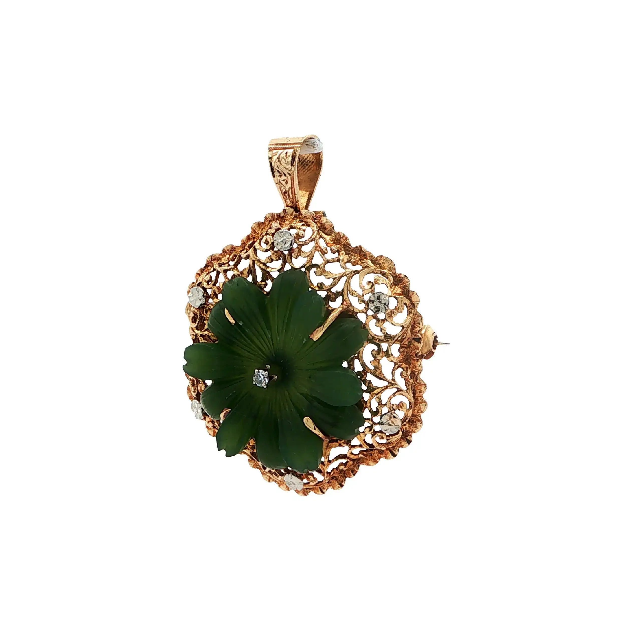 Brosche / Anhänger Bicolor mit Jade Blüte & Diamant