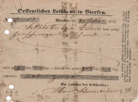 Erster Pfandschein des Pfandhaus Schumachers von 1873