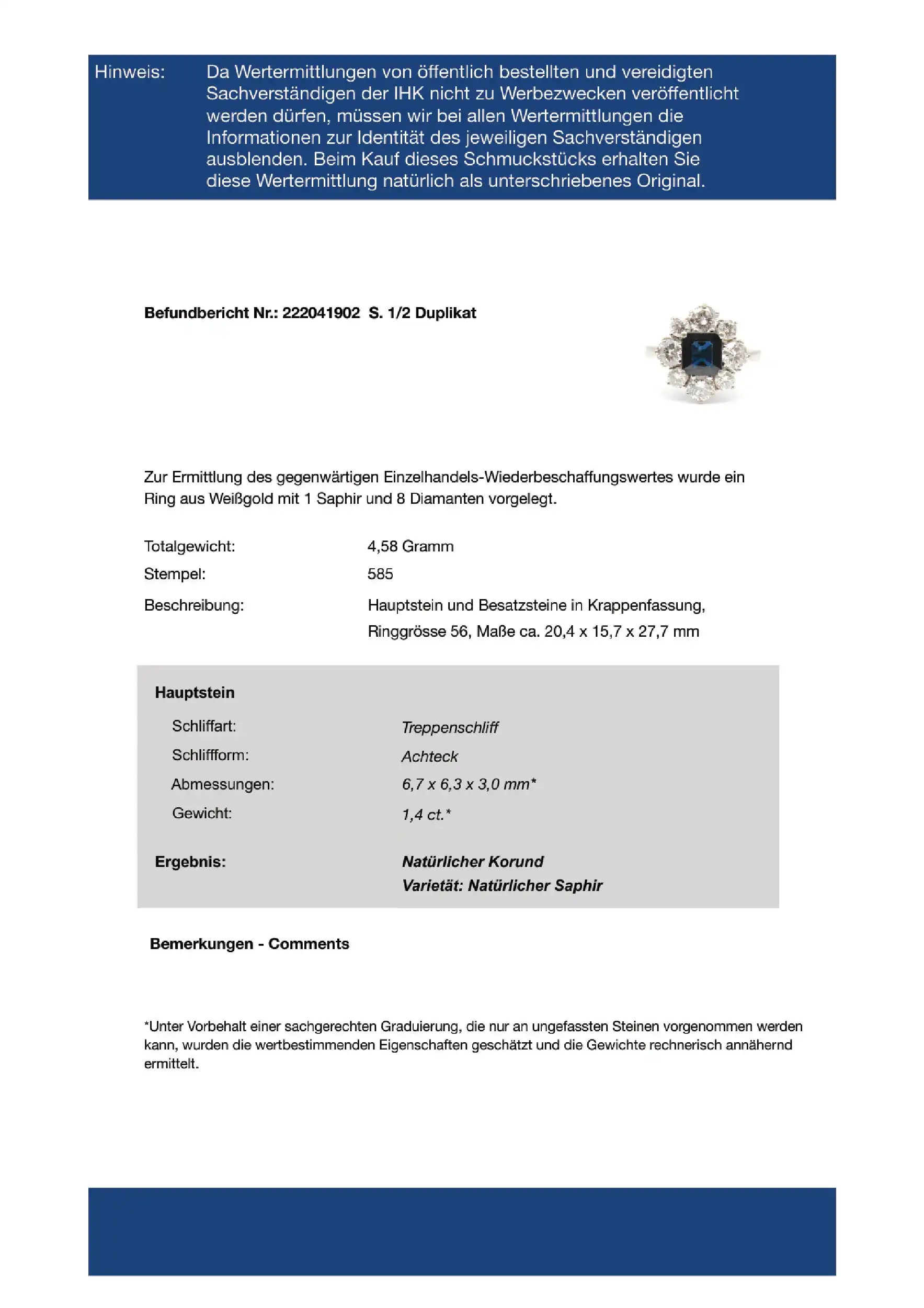 Ring Weißgold mit Saphir und Brillanten, mit Expertise von EPL