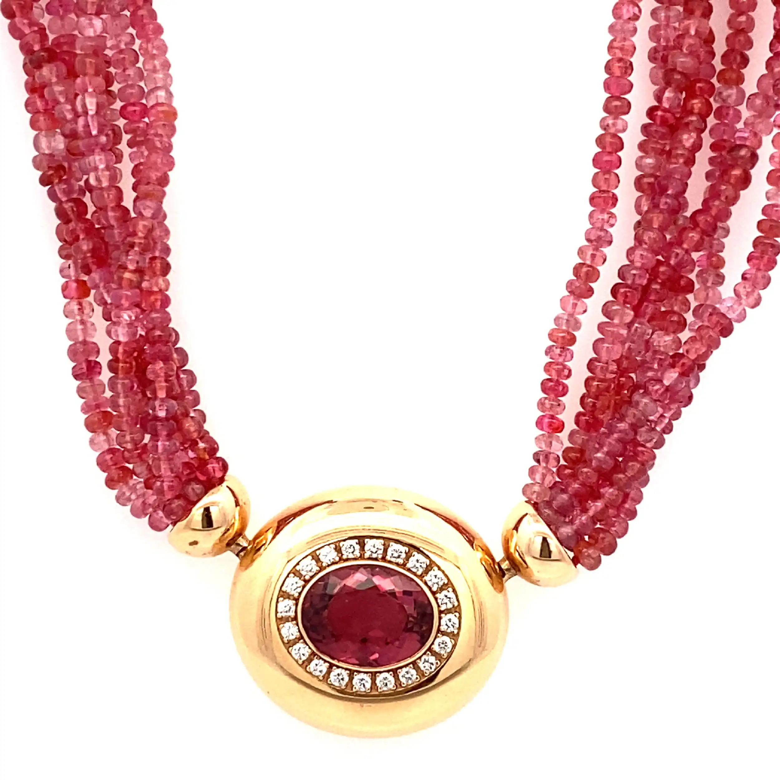 Kette mit rosa Steinen, Gelbgoldschloss mit Amethyst und Brillanten