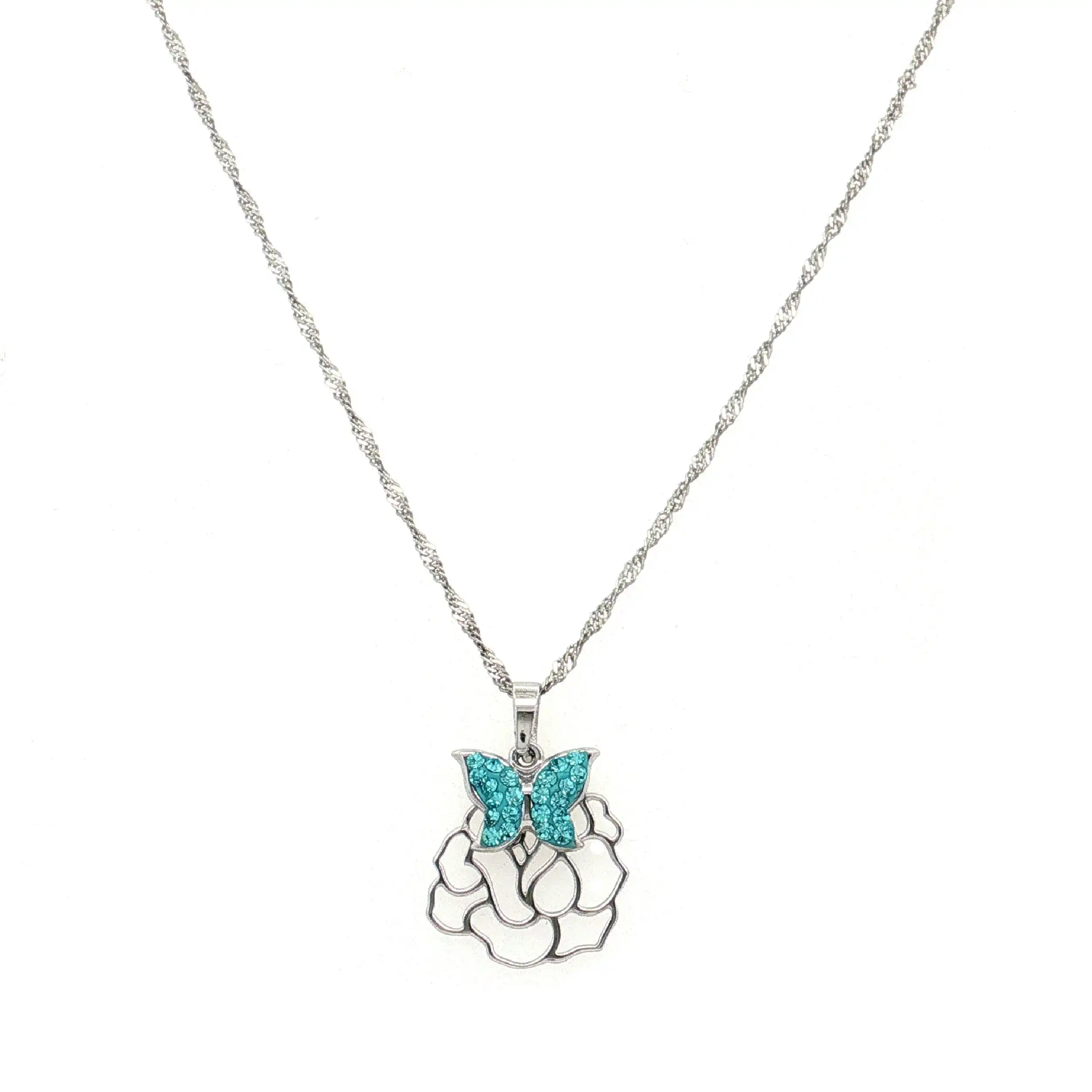 Singapurkette Silber mit Blume und Schmetterling mit türkisem Zirkonia