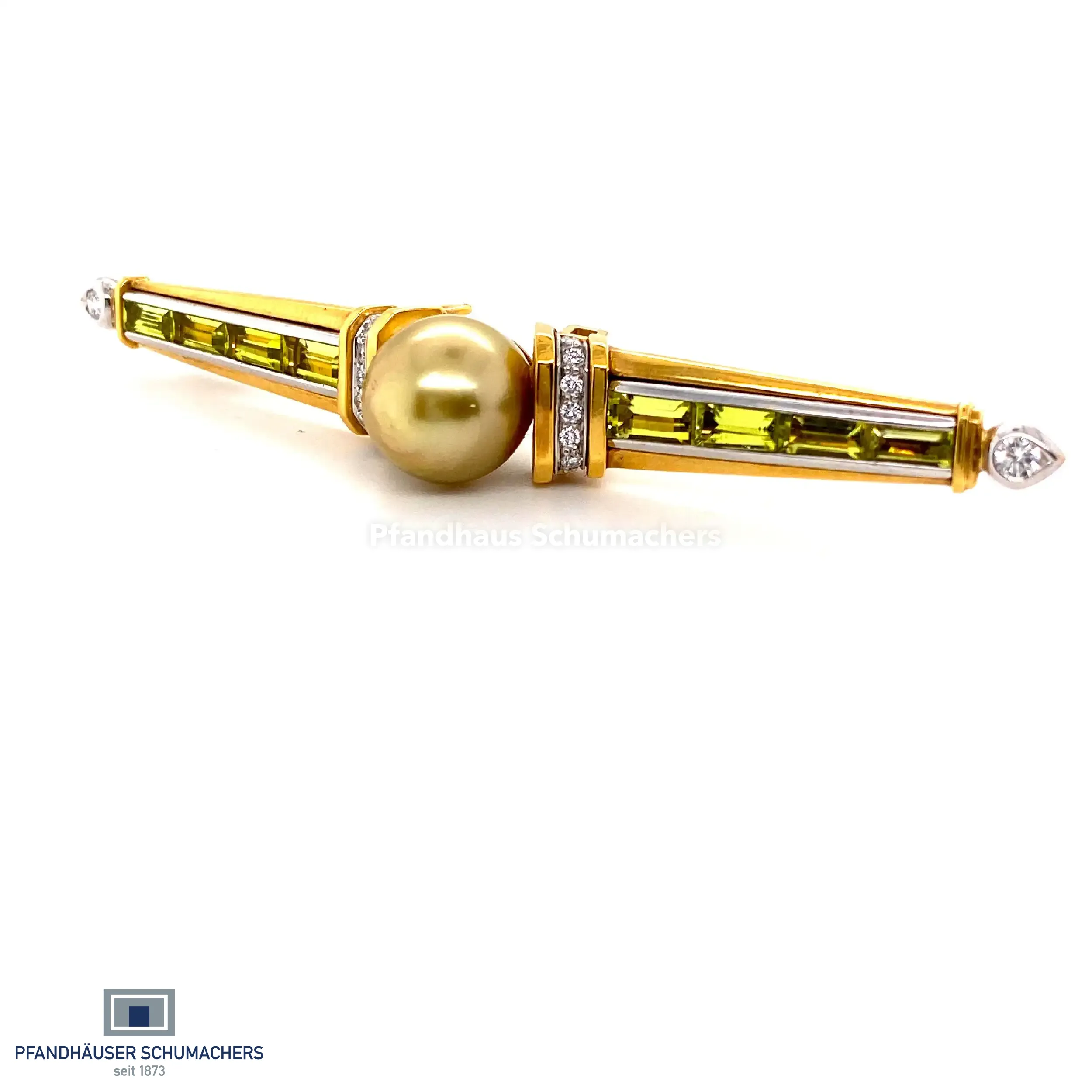 Brosche Gelbgold mit Perle, Peridot und Brillant 