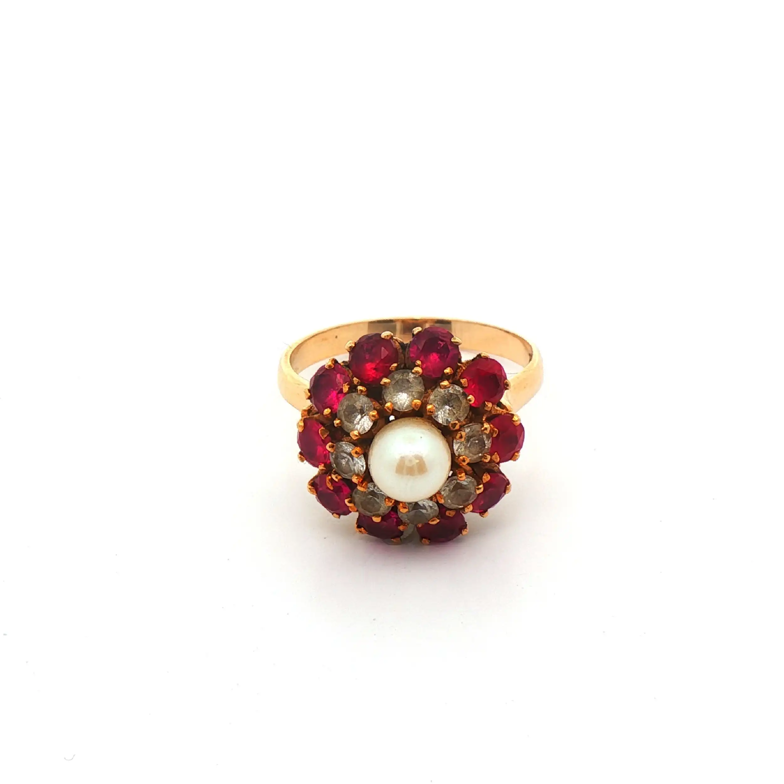 Ring Gelbgold mit Perle und weiß/rote Farbsteine