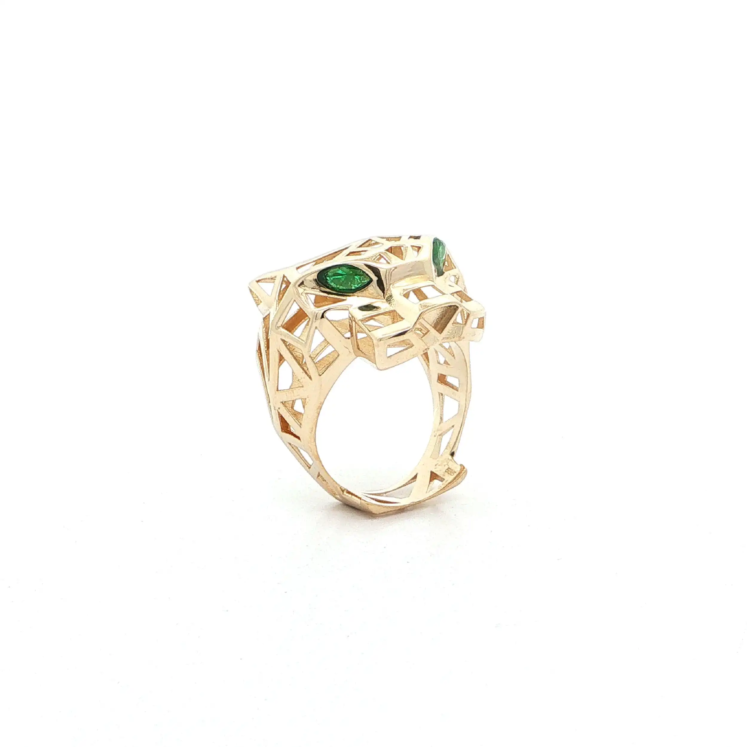 Ring Gelbgold Pantherkopf mit grünen Farbsteinen Ring Gelbgold Pantherkopf mit grünen Farbsteinen