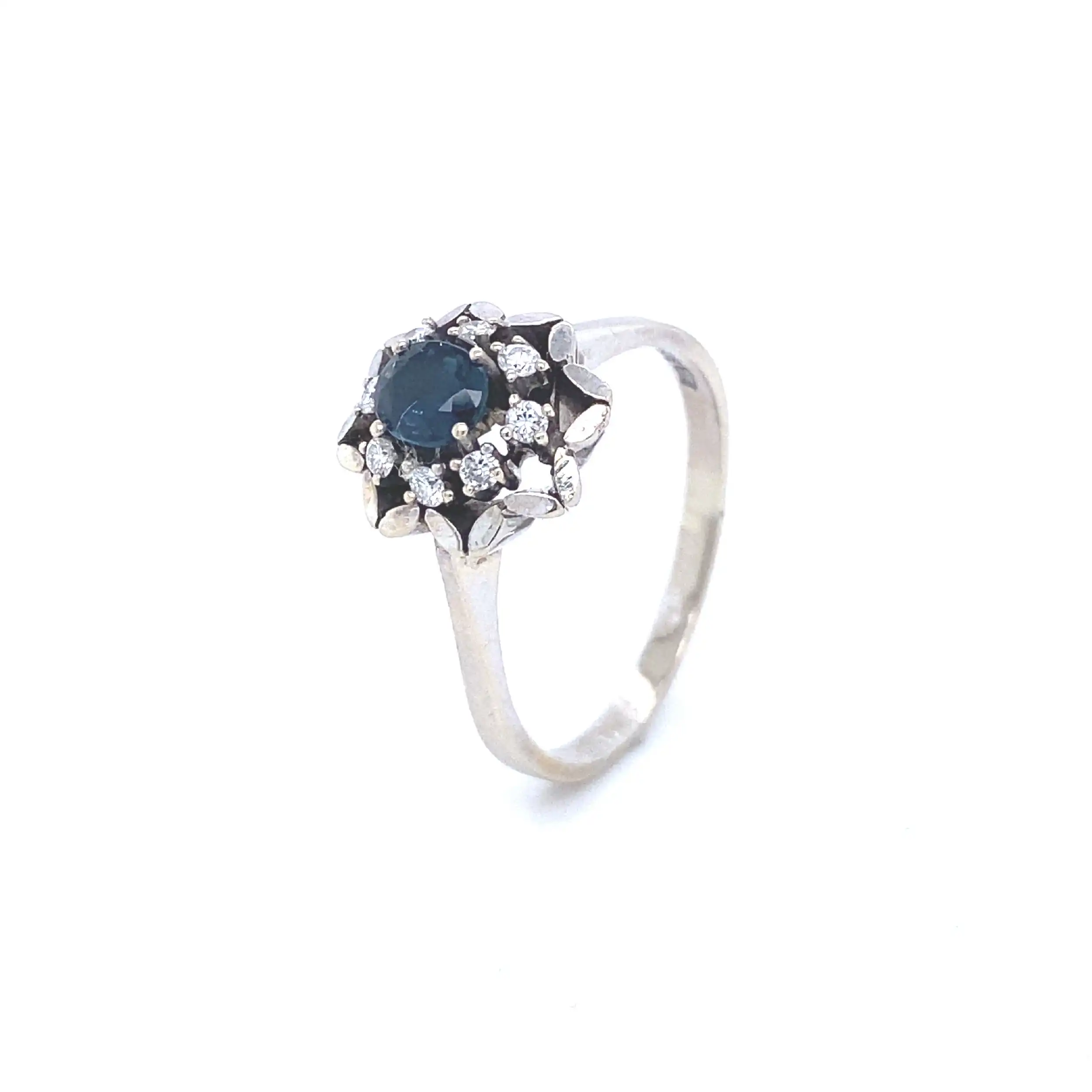 Ring Weißgold mit blauem Stein und Brillanten, graviert mit 0,16ct