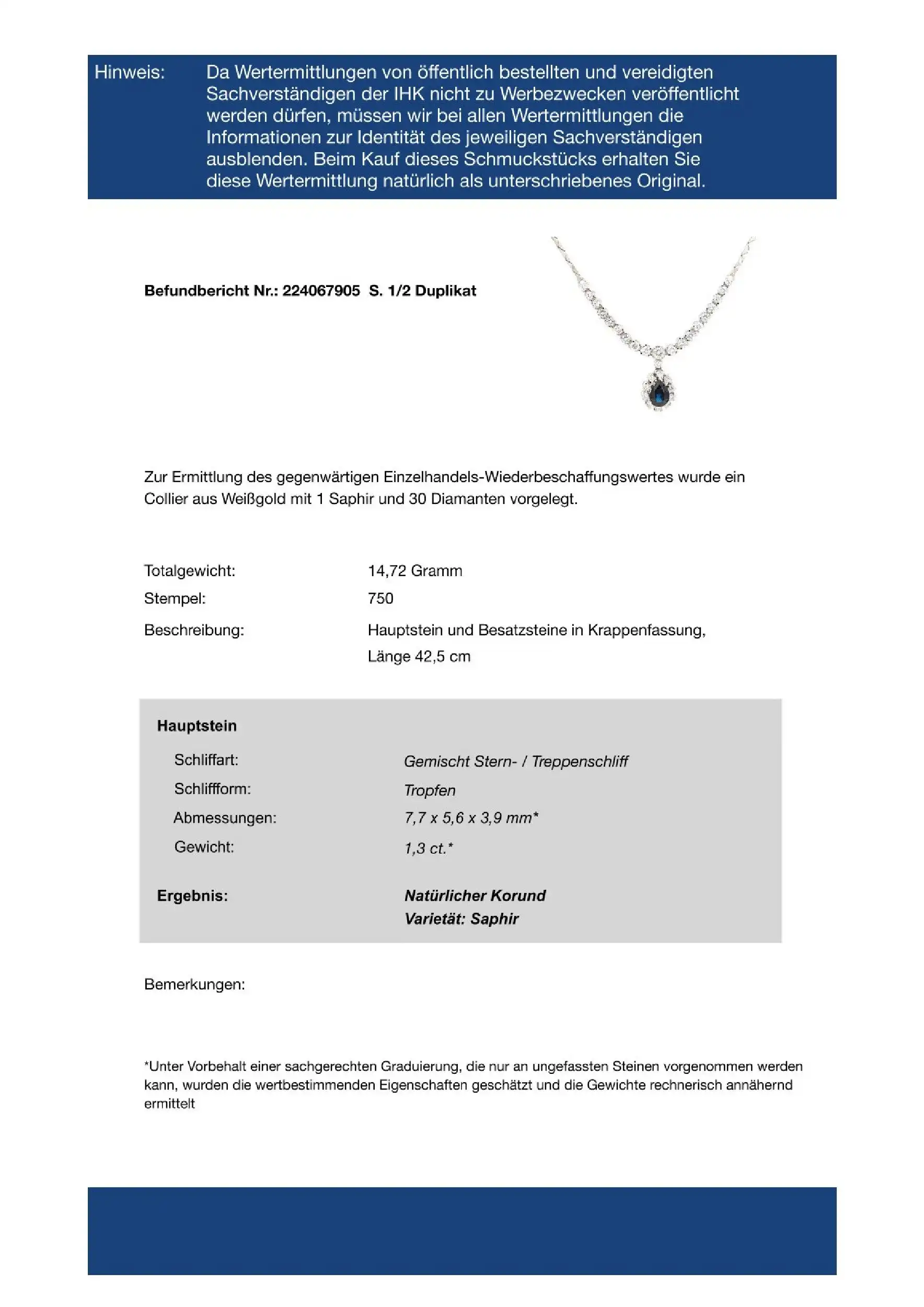 Collier Weißgold mit Saphir und Brillanten, mit EPL Expertise Collier Weißgold mit Saphir und Brillanten, mit EPL Expertise