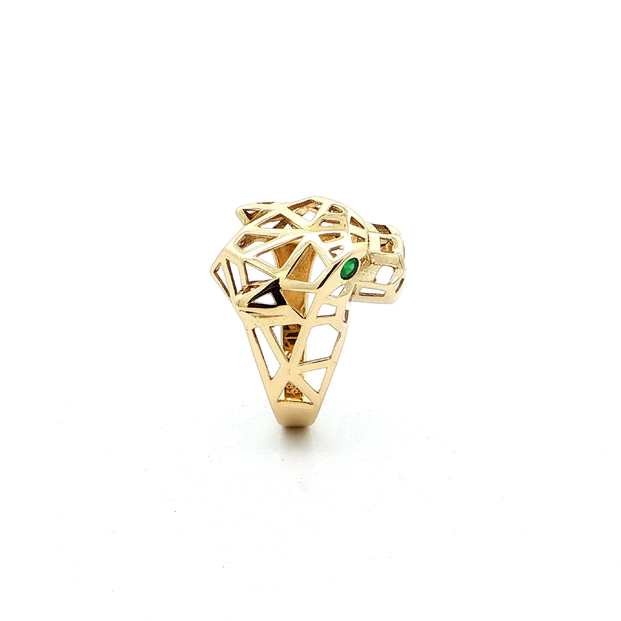 Ring Gelbgold Pantherkopf mit grünen Farbsteinen
