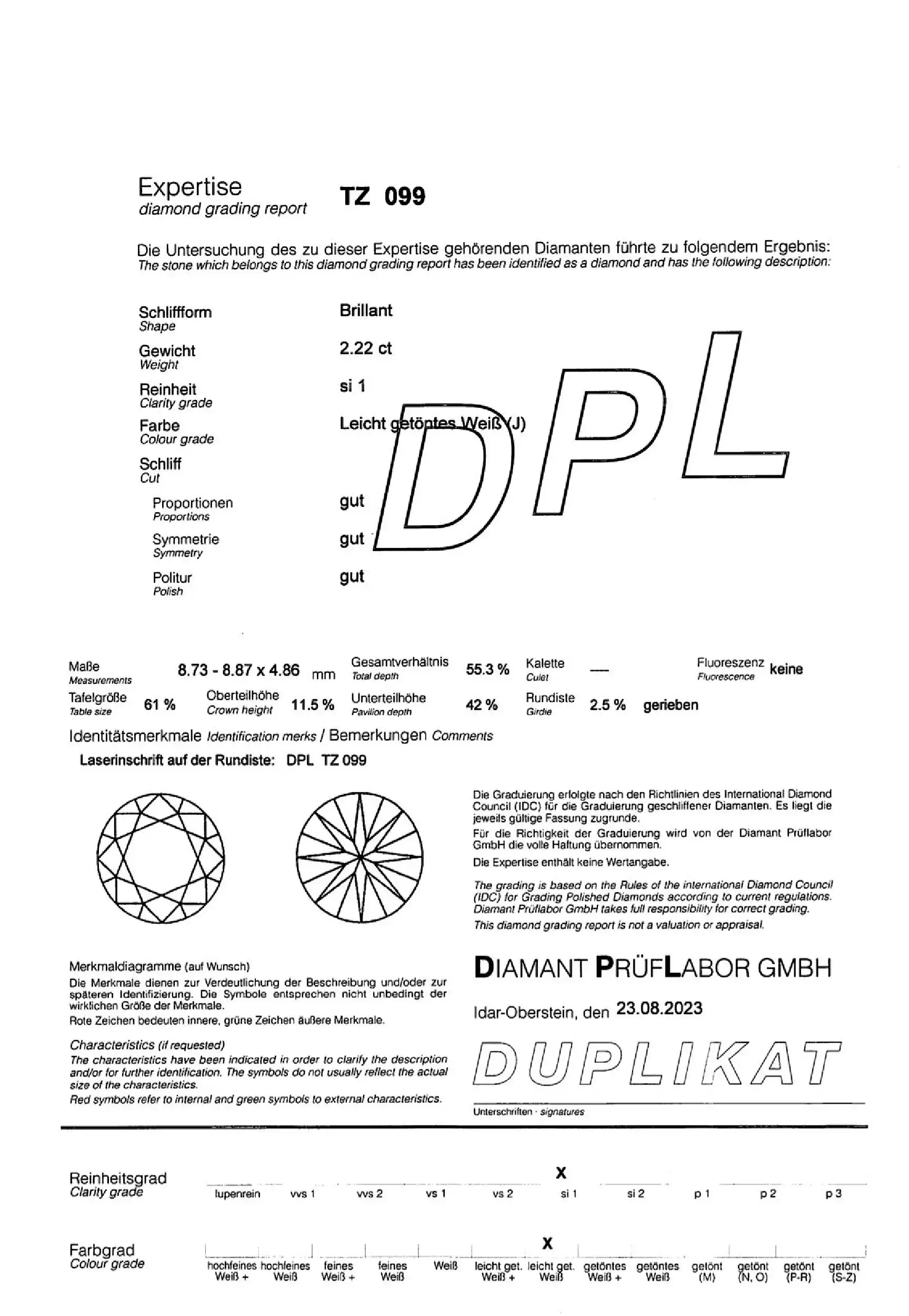 Loser Brillant 2,22ct J/Si1 G/G/G, eingeschweißt mit Expertise von DPL Loser Brillant 2,22ct J/Si1 G/G/G, eingeschweißt mit Expertise von DPL
