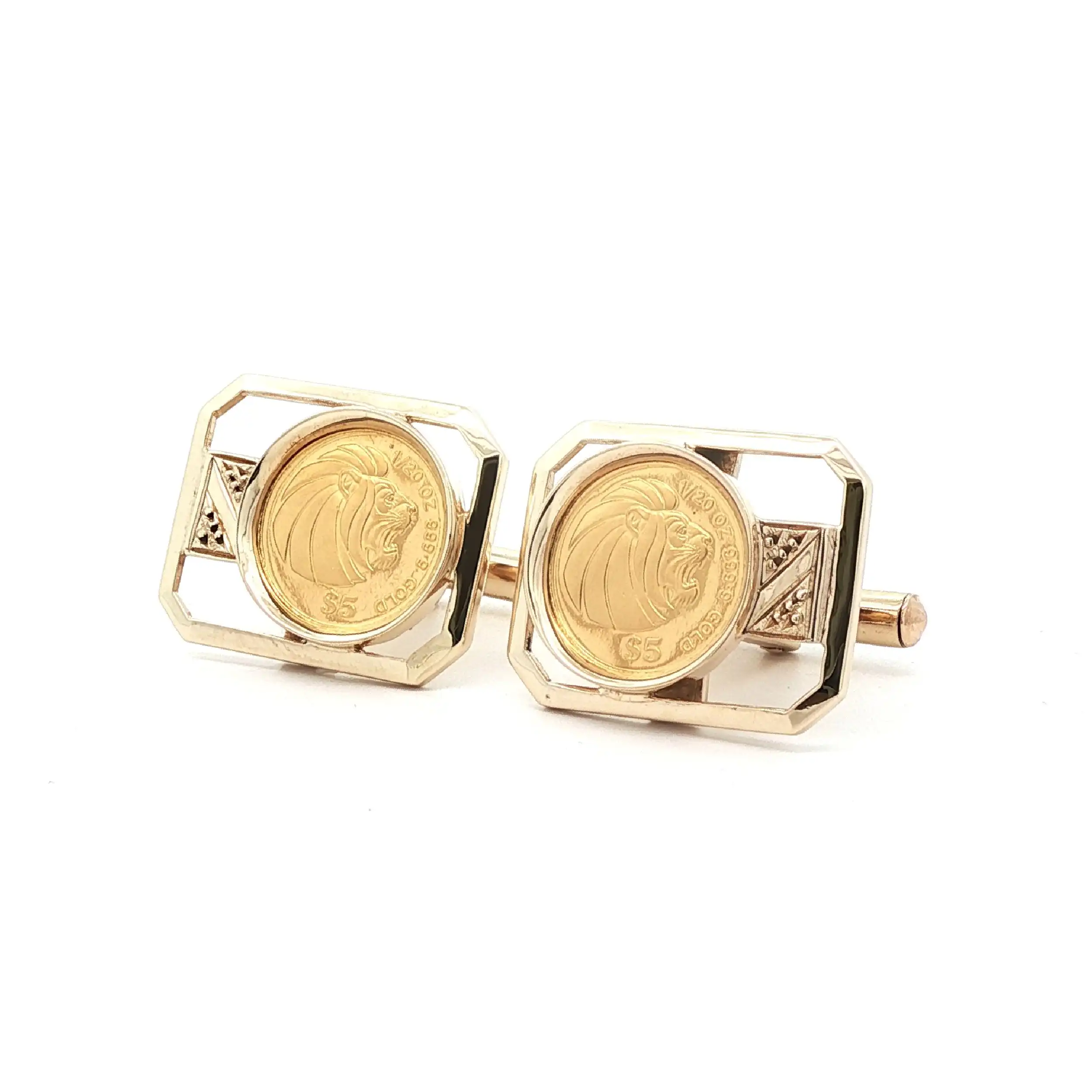 Manschettenknöpfe Gelbgold mit 1/20 oZ Goldmünze Singapore 1990 Manschettenknöpfe Gelbgold mit 1/20 oZ Goldmünze Singapore 1990