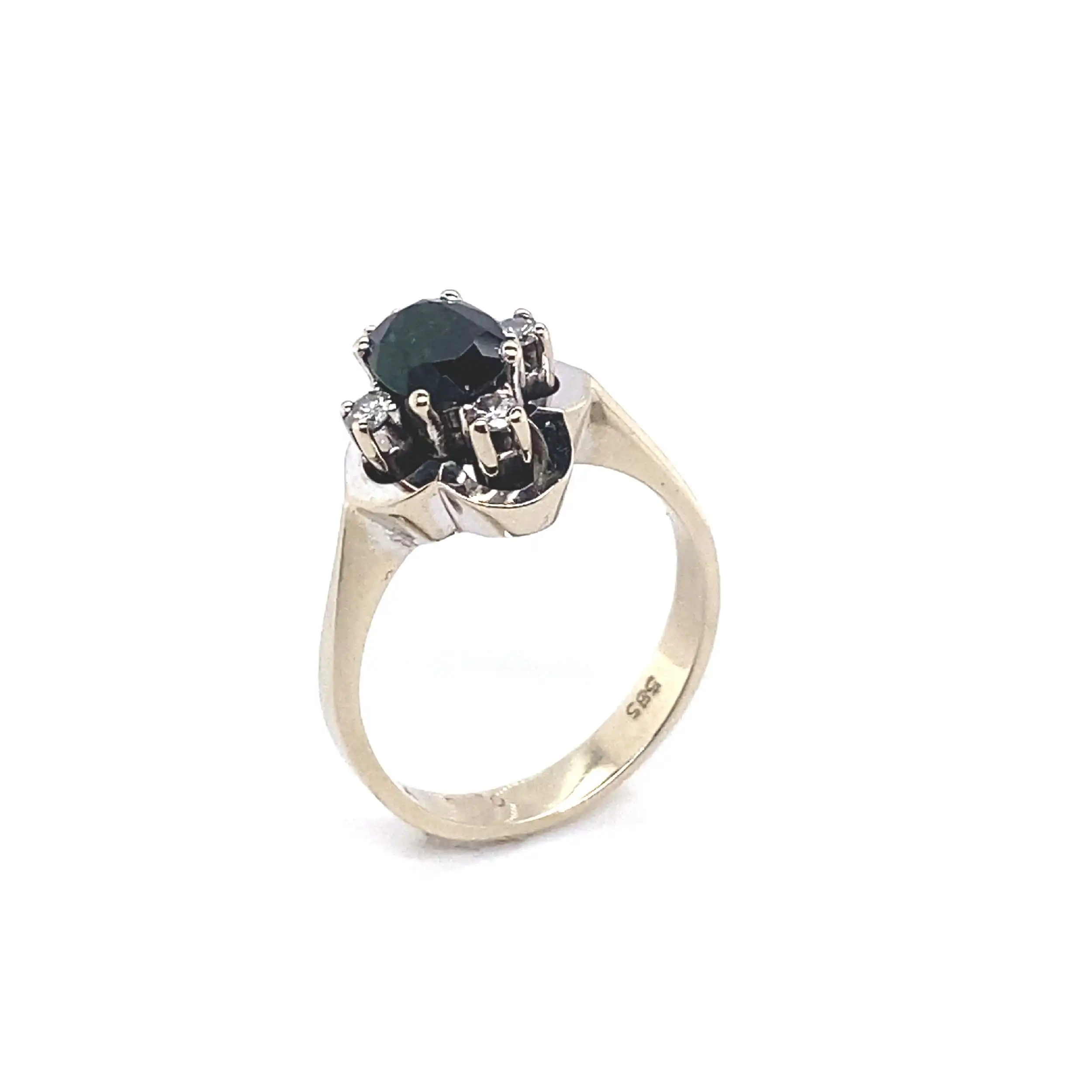 Ring Weißgold mit grünem Stein und Brillanten, graviert mit 0,16ct
