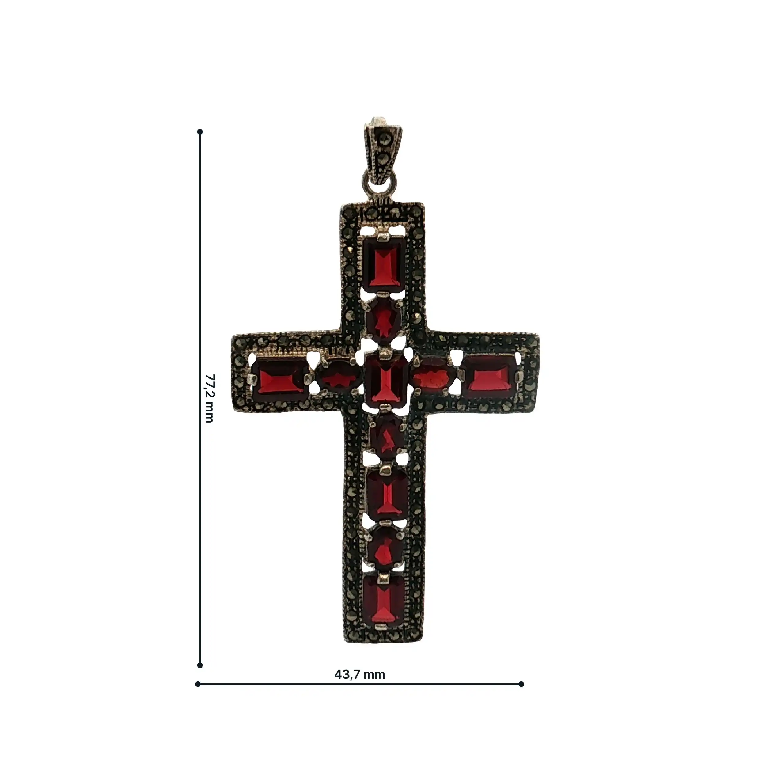 Kreuz Anhänger mit roten Steinen und Markasit