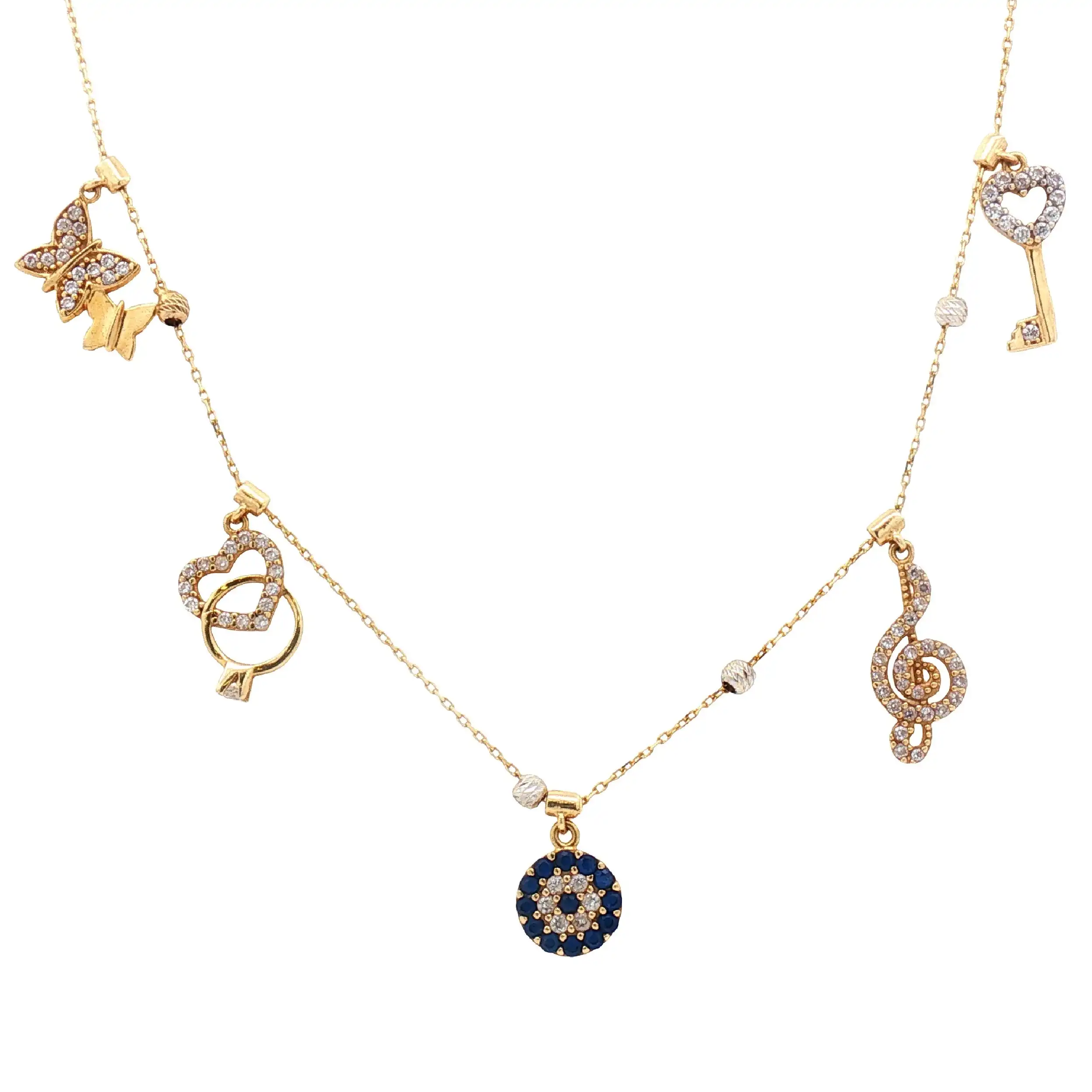 Ankerkette Gelbgold mit Anhängern und Zirkonia