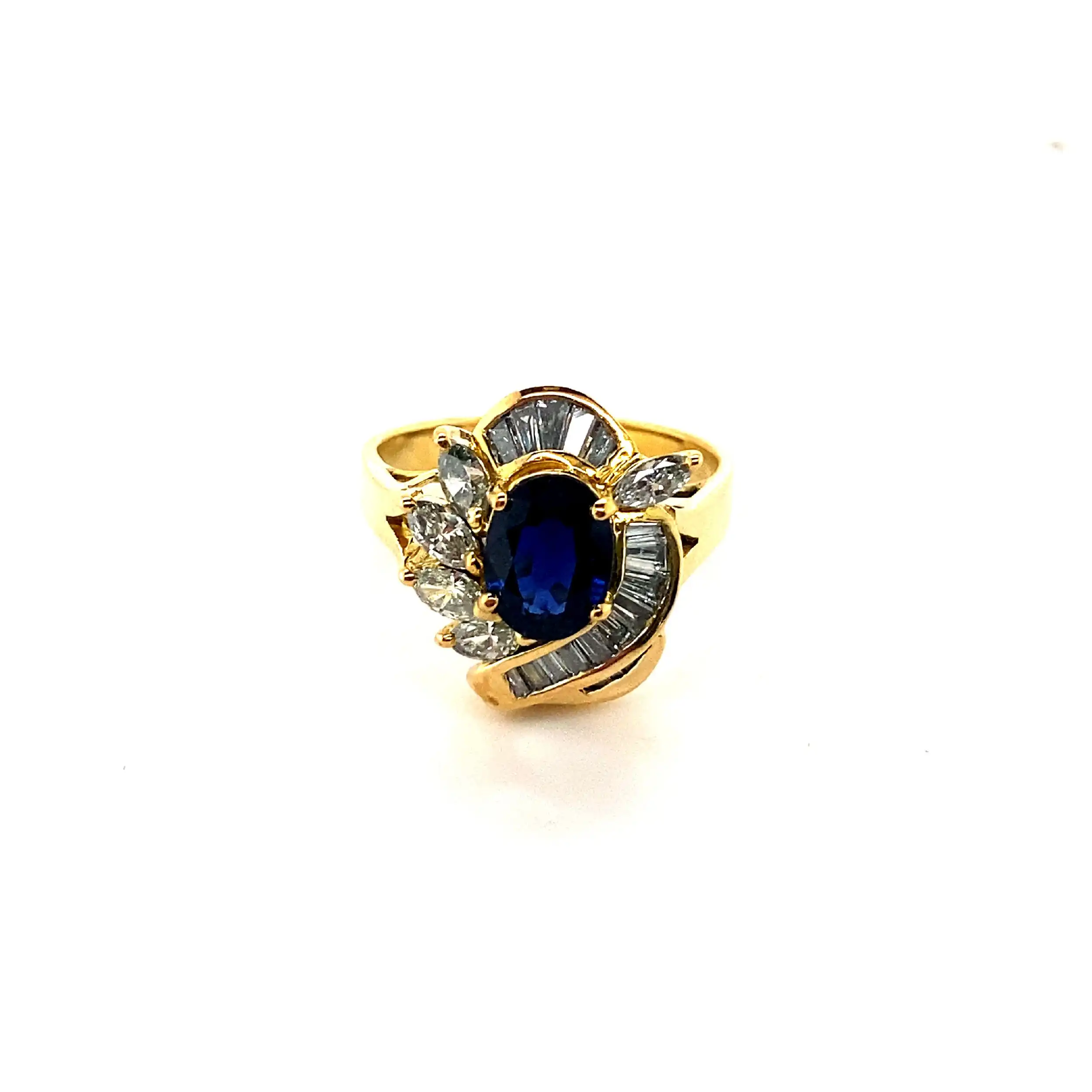 Ring mit Saphir und Diamanten Navette-, Trapez- und Baguetteschliff, mit Expertise von EPL