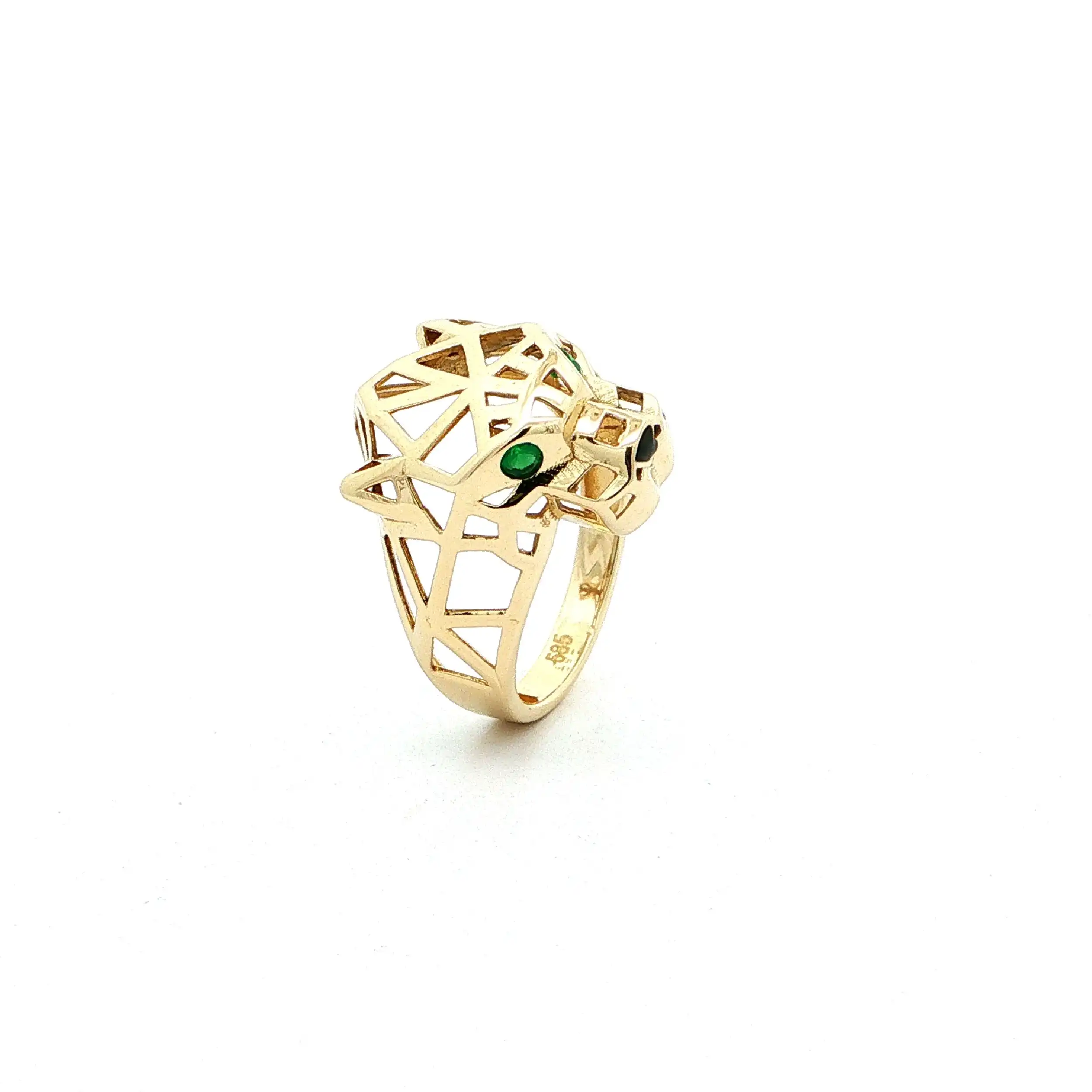 Ring Gelbgold Pantherkopf mit grünen Farbsteinen Ring Gelbgold Pantherkopf mit grünen Farbsteinen