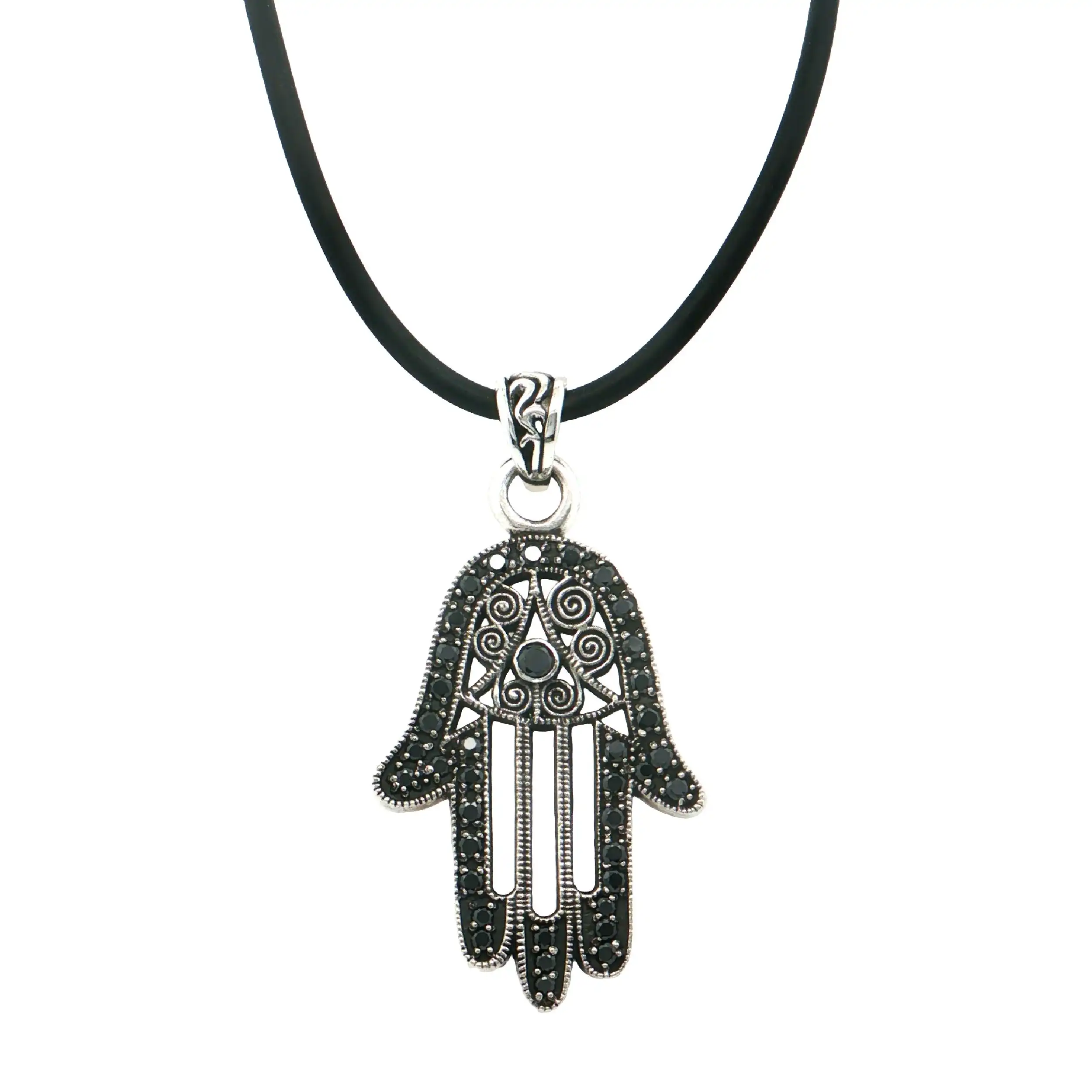 Kautschukkette mit Anhänger Silber "Hand der Fatima" mit Farbsteinen Kautschukkette mit Anhänger Silber "Hand der Fatima" mit Farbsteinen
