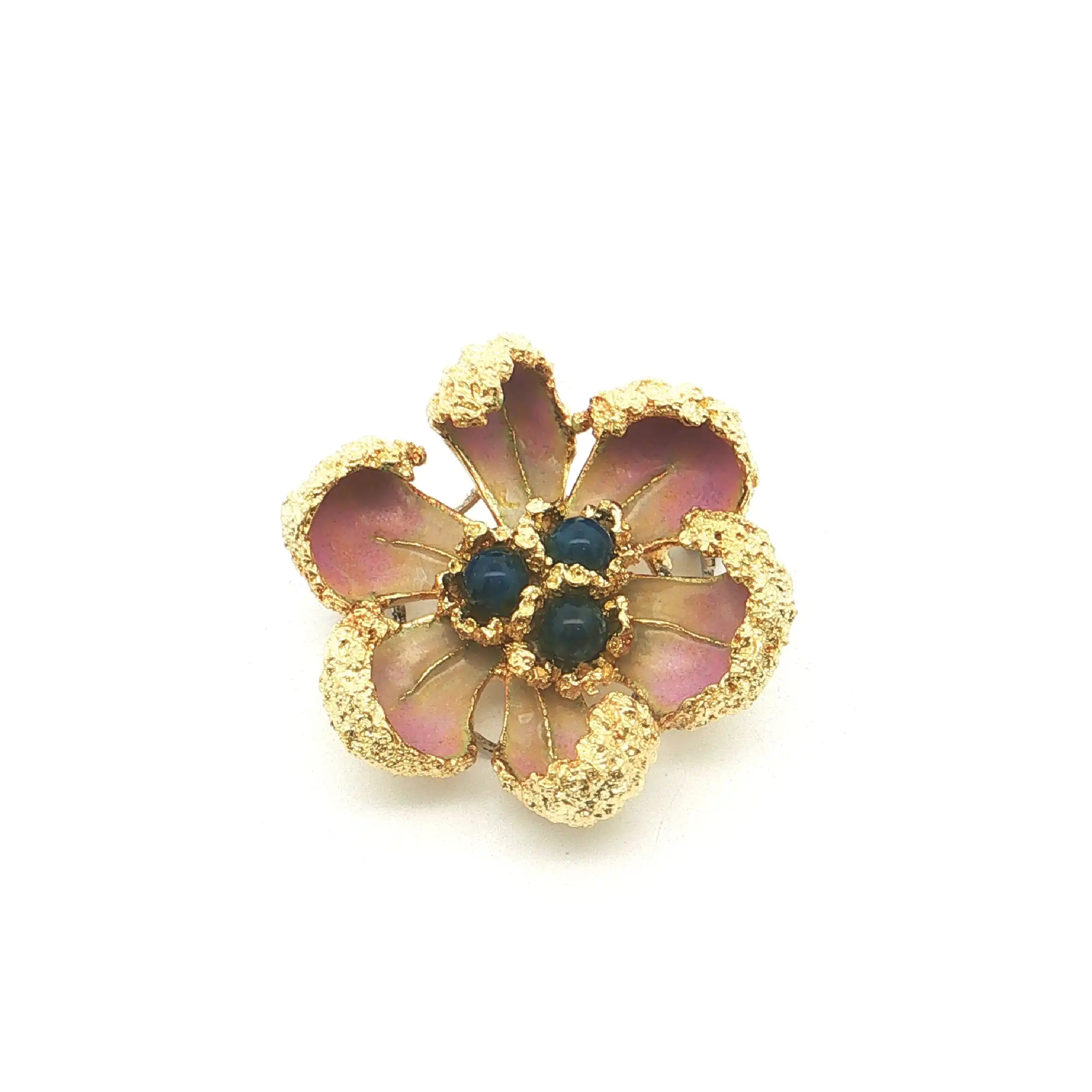 Brosche Gelbgold mit blauen Farbsteinen und Emaille