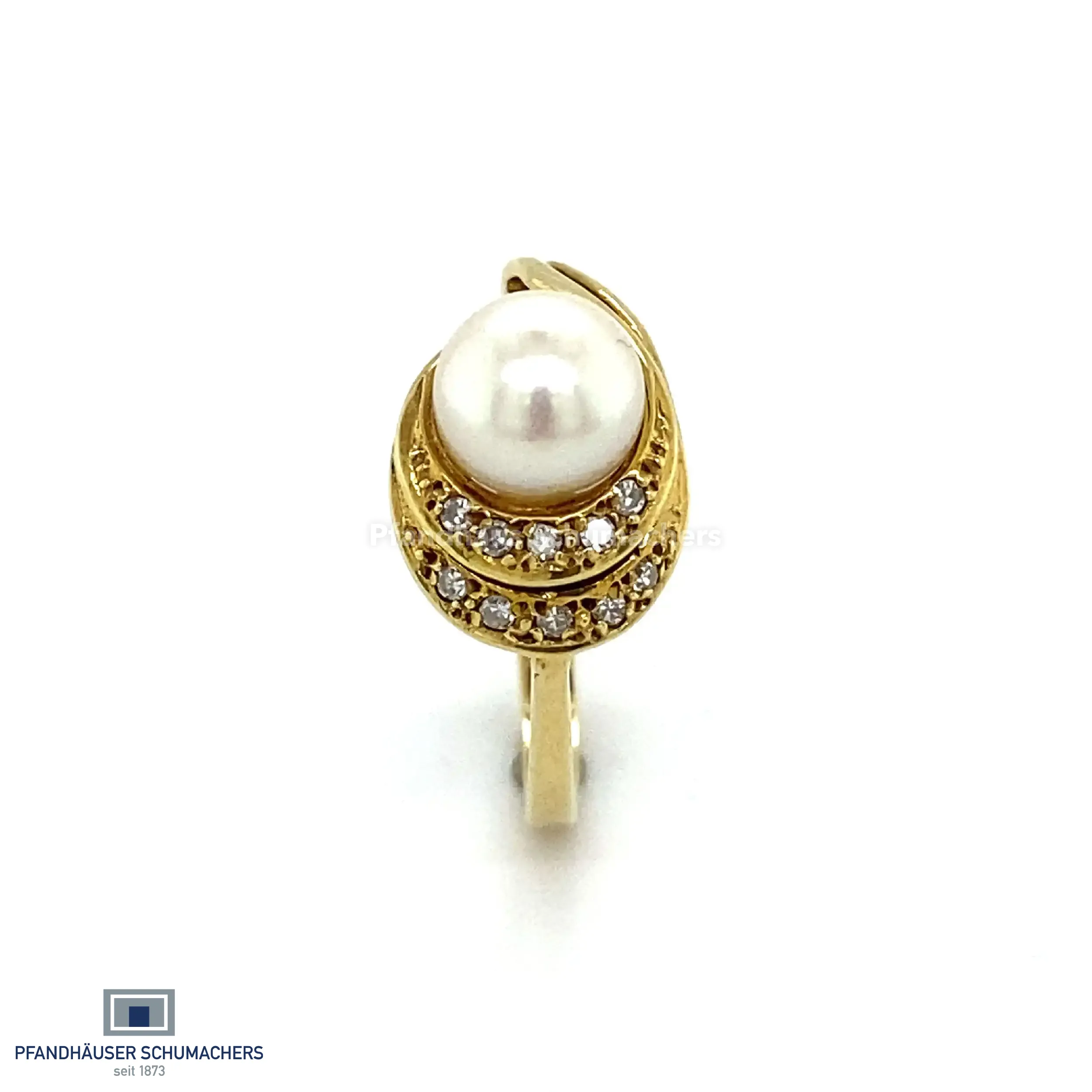 Ring Gelbgold mit Perle und Diamanten, graviert mit 0,075ct 