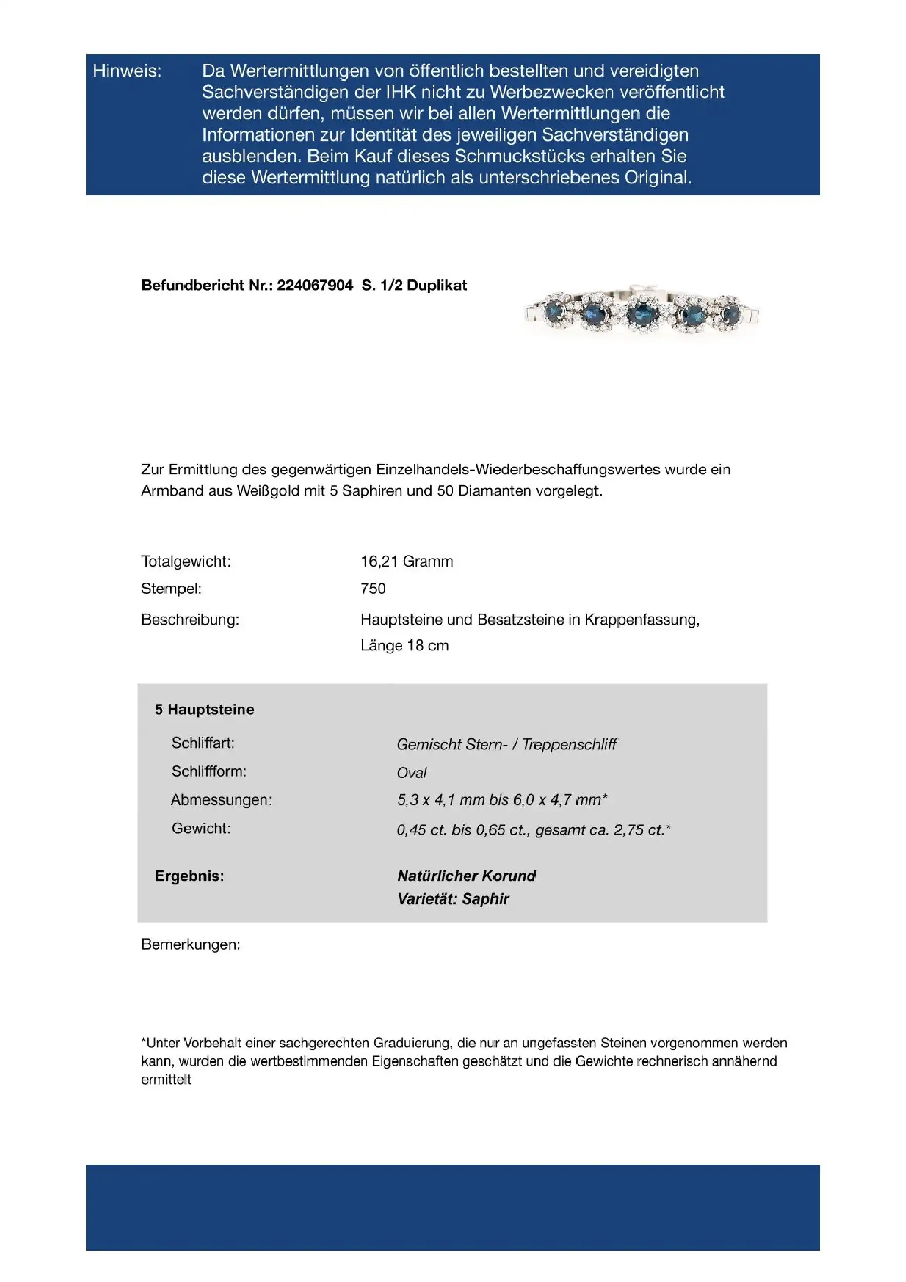 Armband Weißgold mit Saphir und Brillanten, mit EPL Expertise Armband Weißgold mit Saphir und Brillanten, mit EPL Expertise