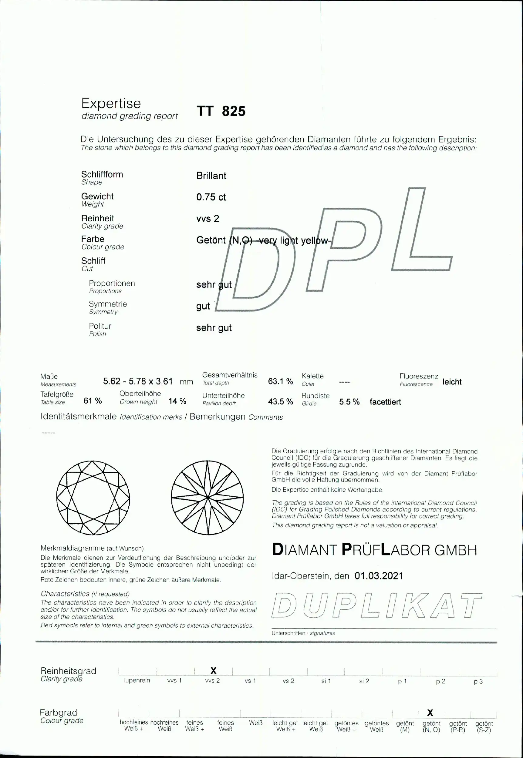 Loser Brillant 0,75ct N,O/VVS2 SG/G/SG, mit Expertise von DPL Loser Brillant 0,75ct N,O/VVS2 SG/G/SG, mit Expertise von DPL