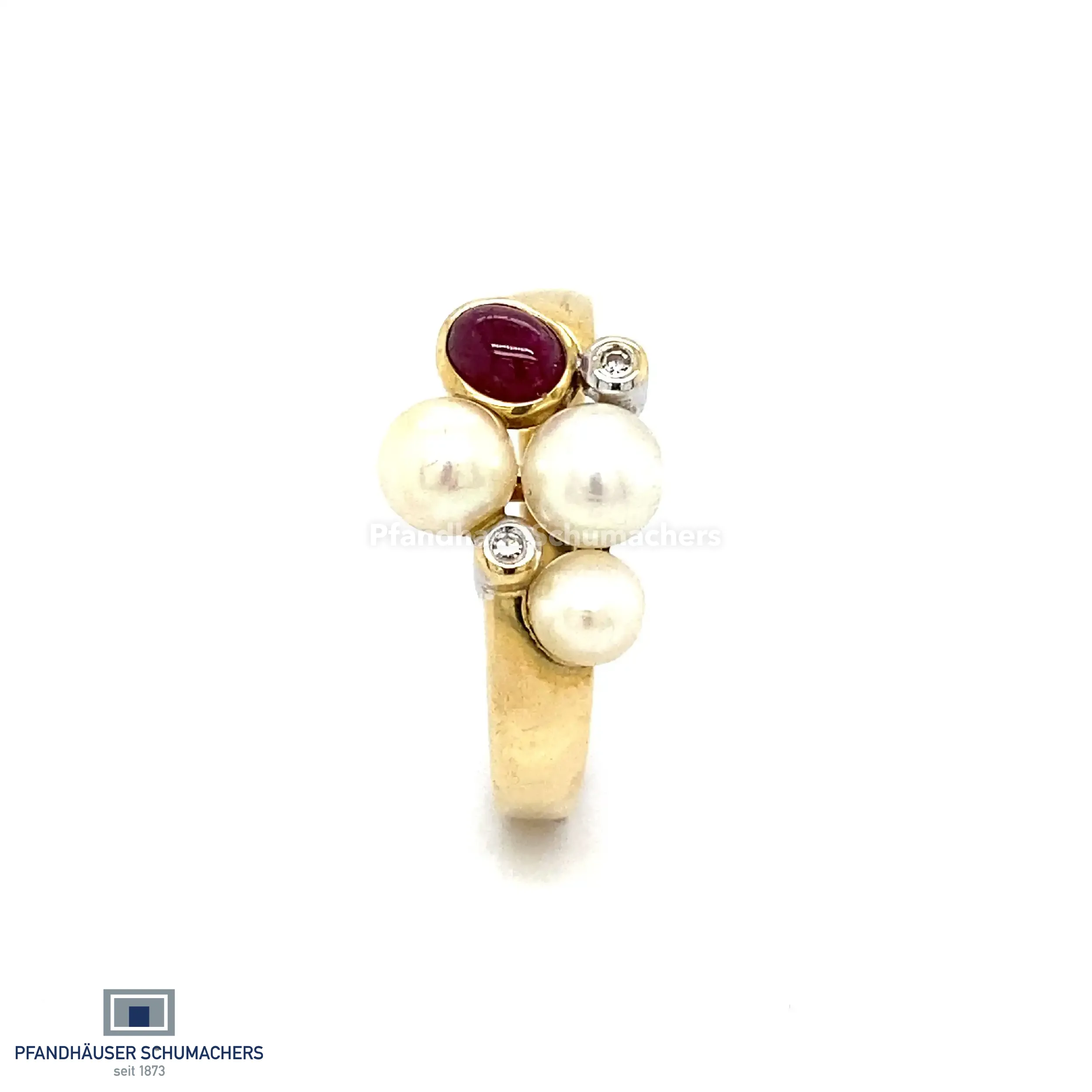 Ring Bicolor mit Perlen, rotem Cabochon und Diamanten