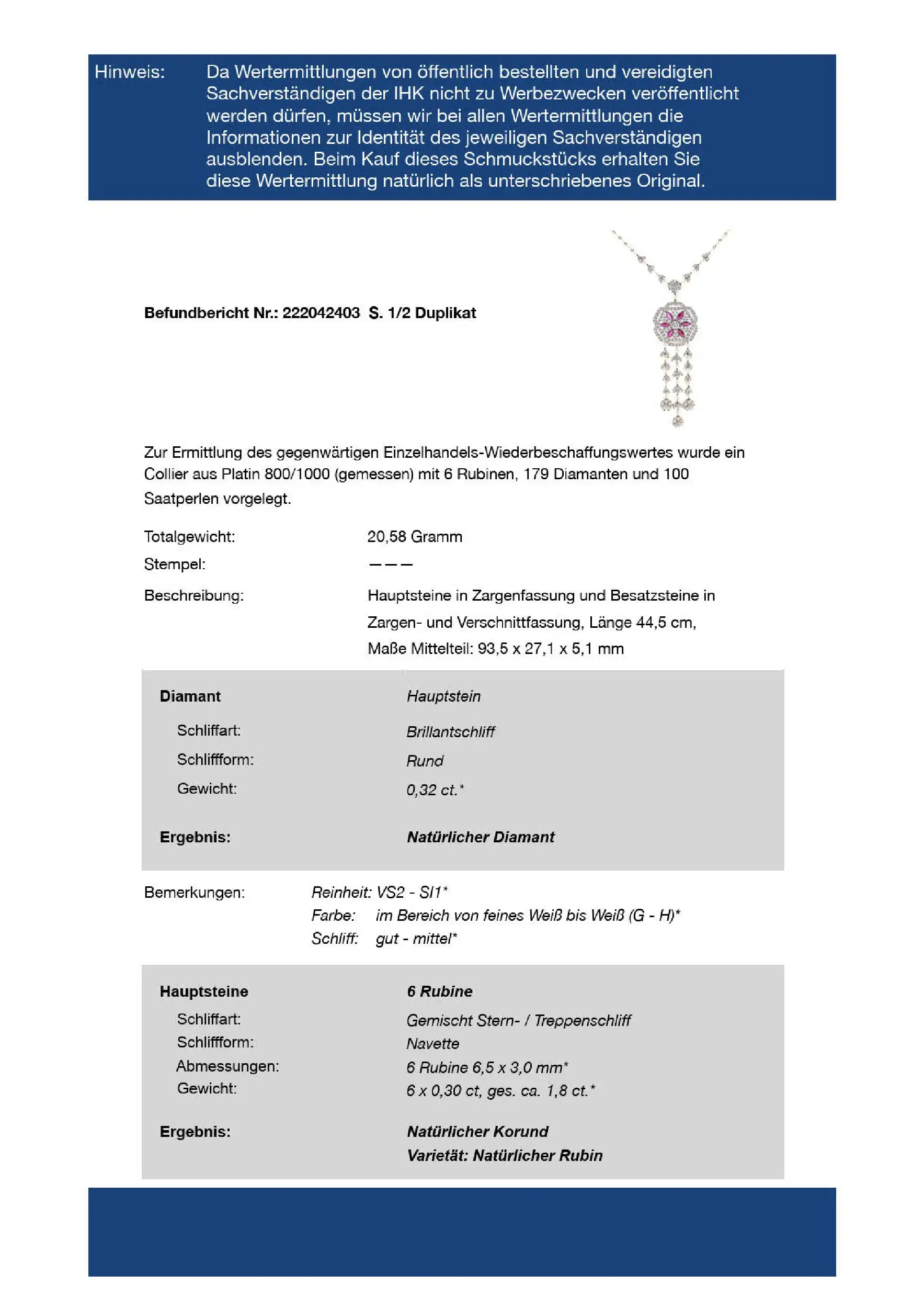 Art Deco Collier Platin mit Brillanten, Rubinen und Saatperlen von ca. 1930-1940, mit Befundbericht von EPL Art Deco Collier Platin mit Brillanten, Rubinen und Saatperlen von ca. 1930-1940, mit Befundbericht von EPL