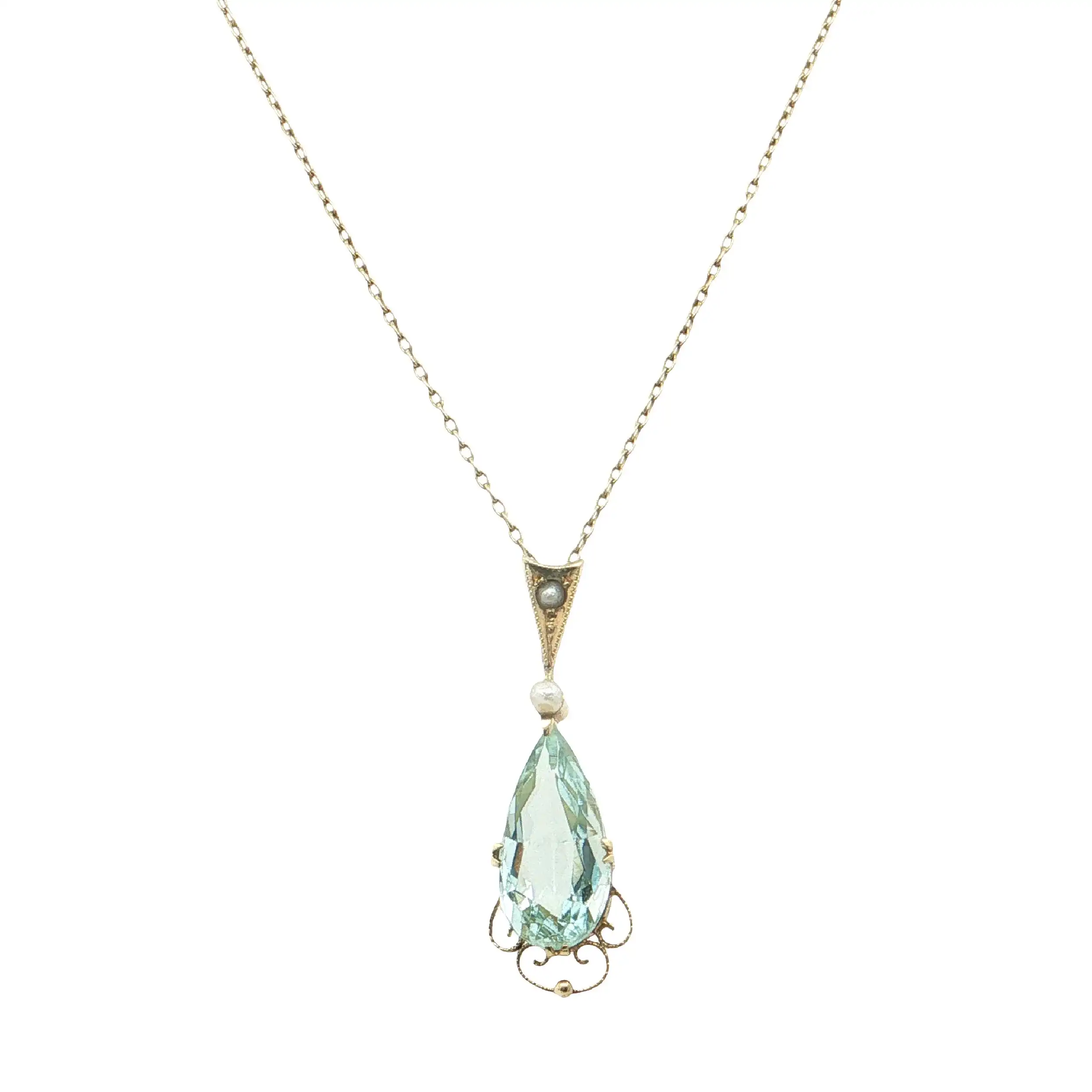 Kette Gelbgold mit Anhänger mit Aquamarin und Perle