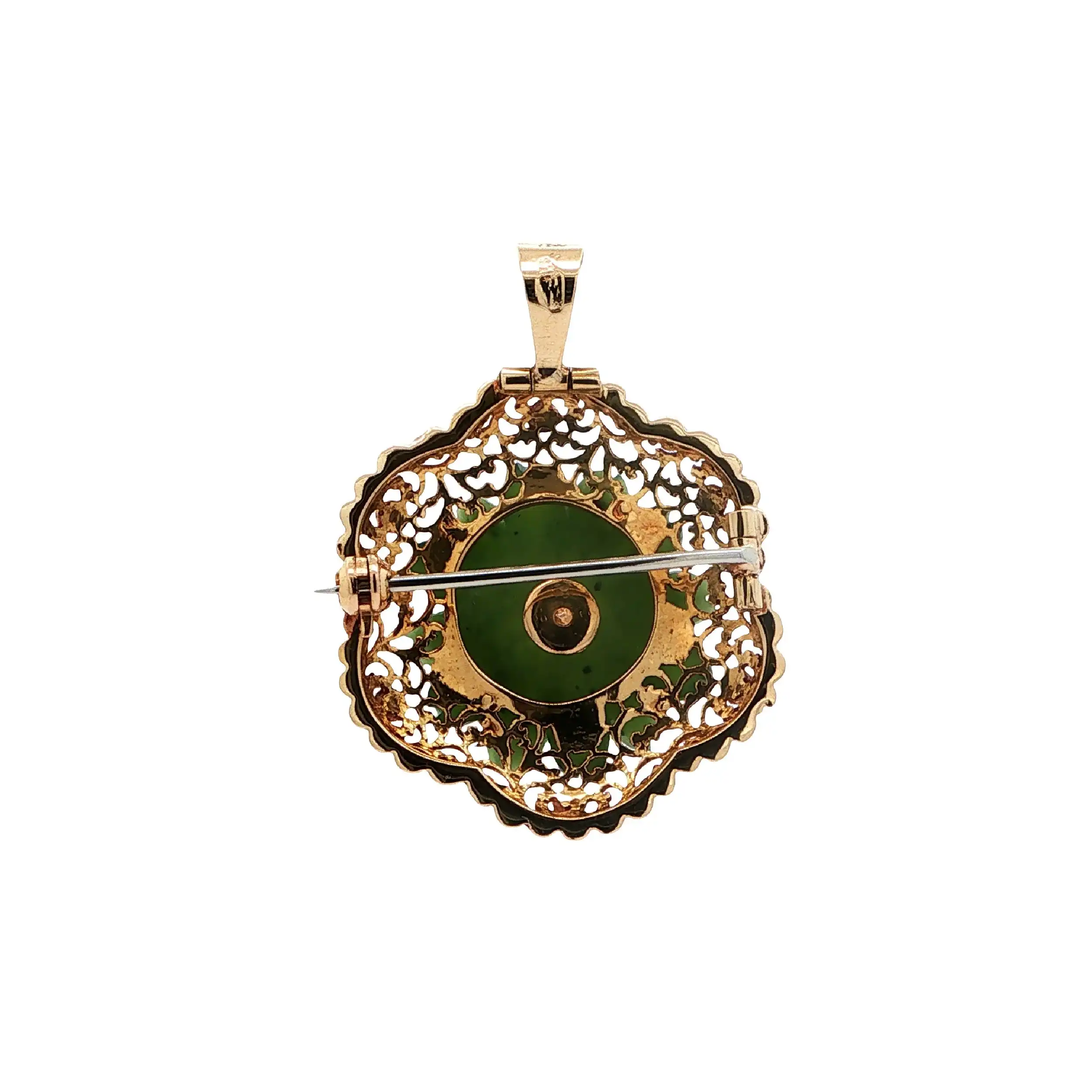 Brosche / Anhänger Bicolor mit Jade Blüte & Diamant