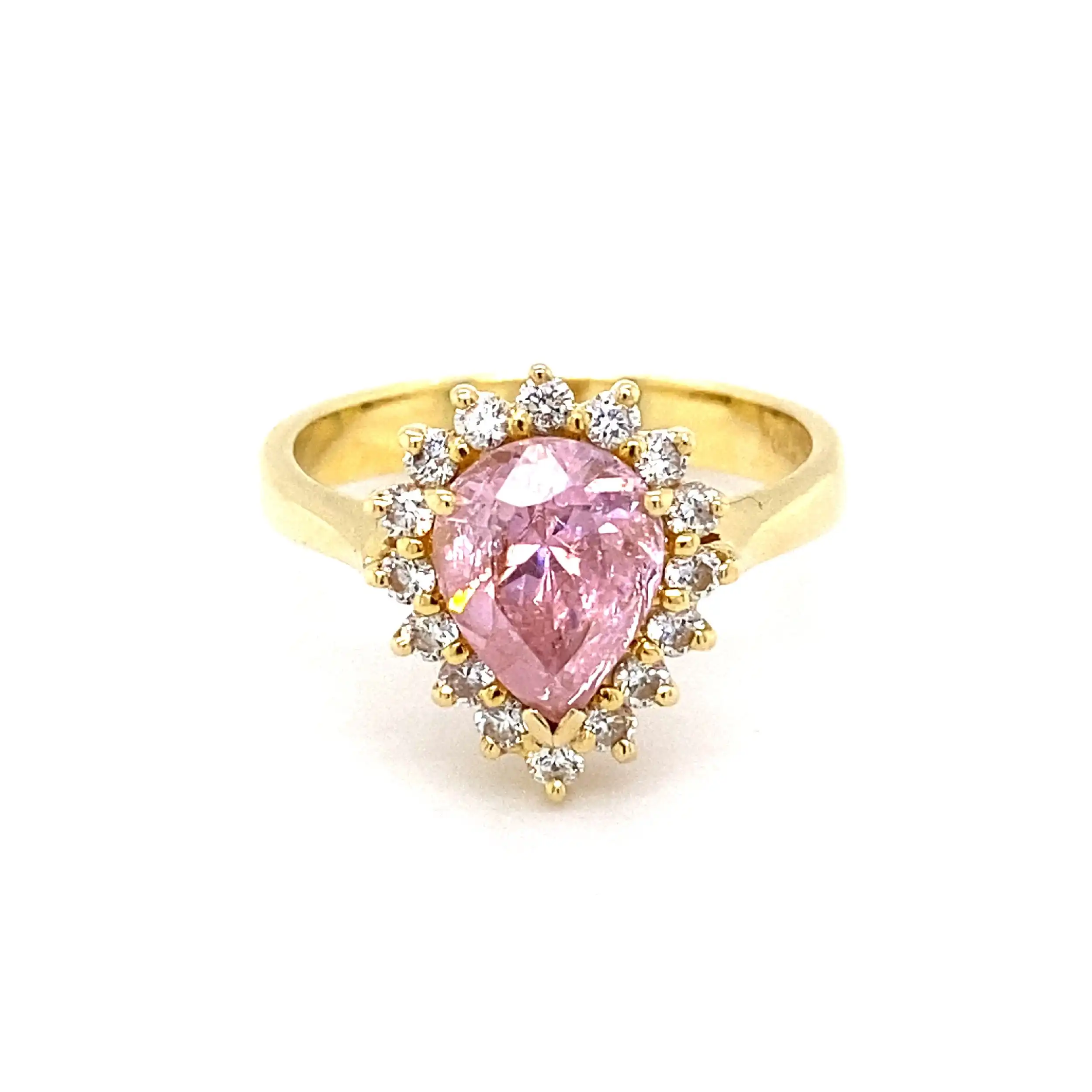 Ring Gelbgold mit rosa Farbstein in Tropfenform und Zirkonia Ring Gelbgold mit rosa Farbstein in Tropfenform und Zirkonia